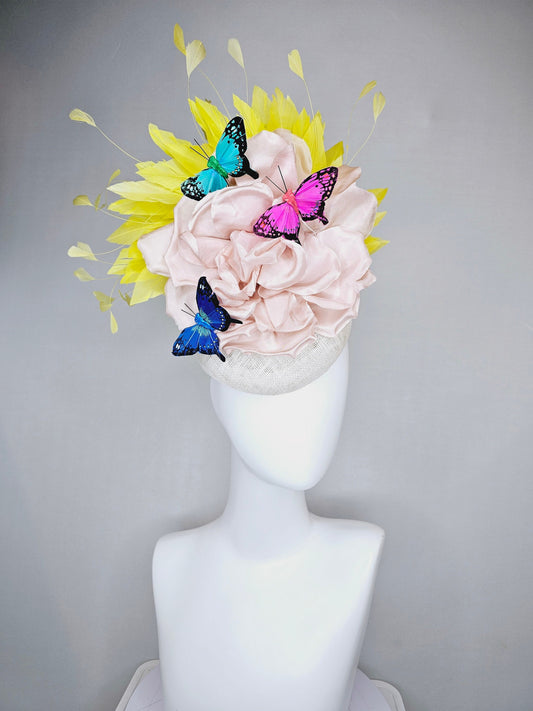 kentucky derby hat fascinator white sinamay blush large satin flower yellow feathers and rainbow pink blue green butterflies