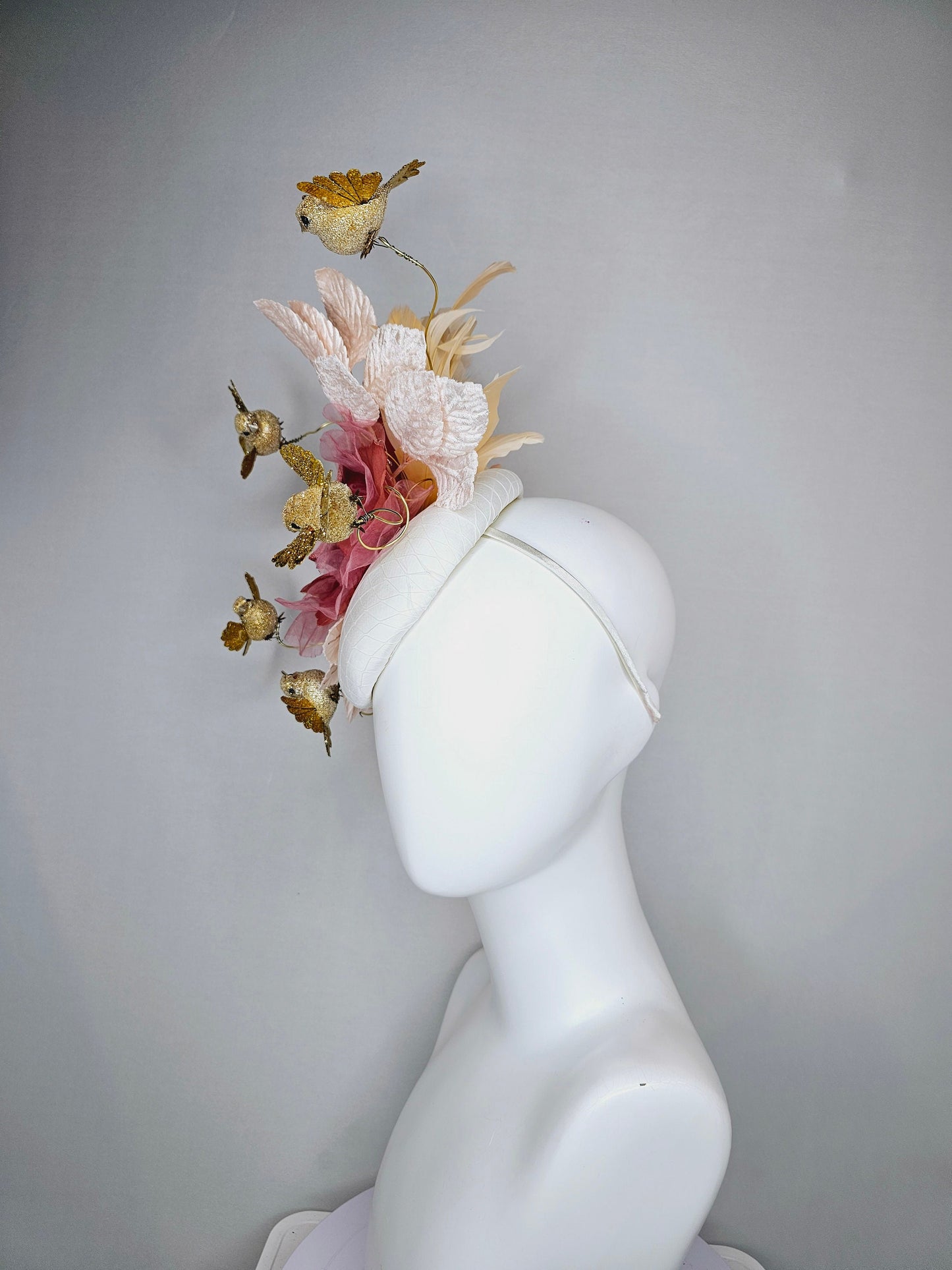 kentucky derby hat fascinator white satin base with netting dusty rose gold mauve pink rose  white blush velvet leaves gold flying birds