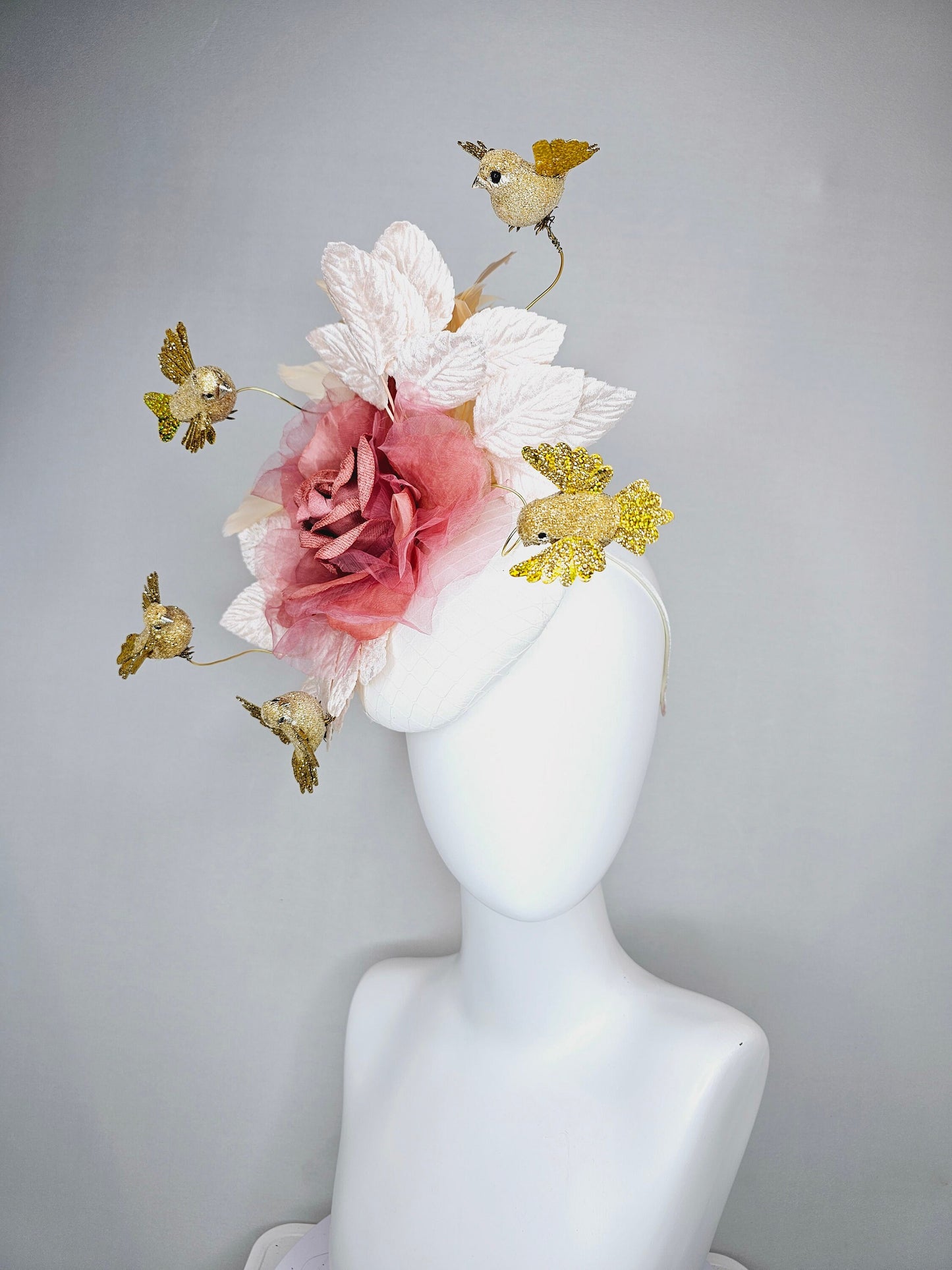 kentucky derby hat fascinator white satin base with netting dusty rose gold mauve pink rose  white blush velvet leaves gold flying birds