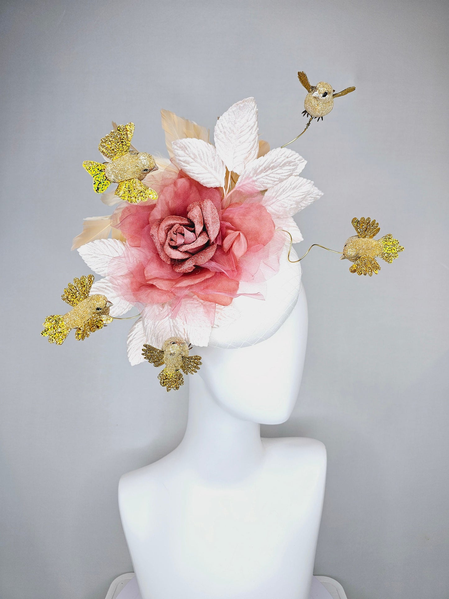 kentucky derby hat fascinator white satin base with netting dusty rose gold mauve pink rose  white blush velvet leaves gold flying birds