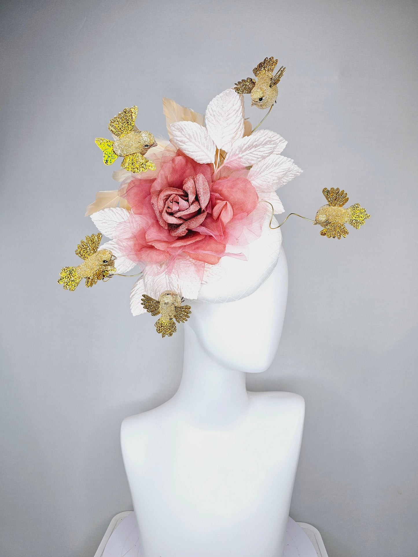 kentucky derby hat fascinator white satin base with netting dusty rose gold mauve pink rose  white blush velvet leaves gold flying birds