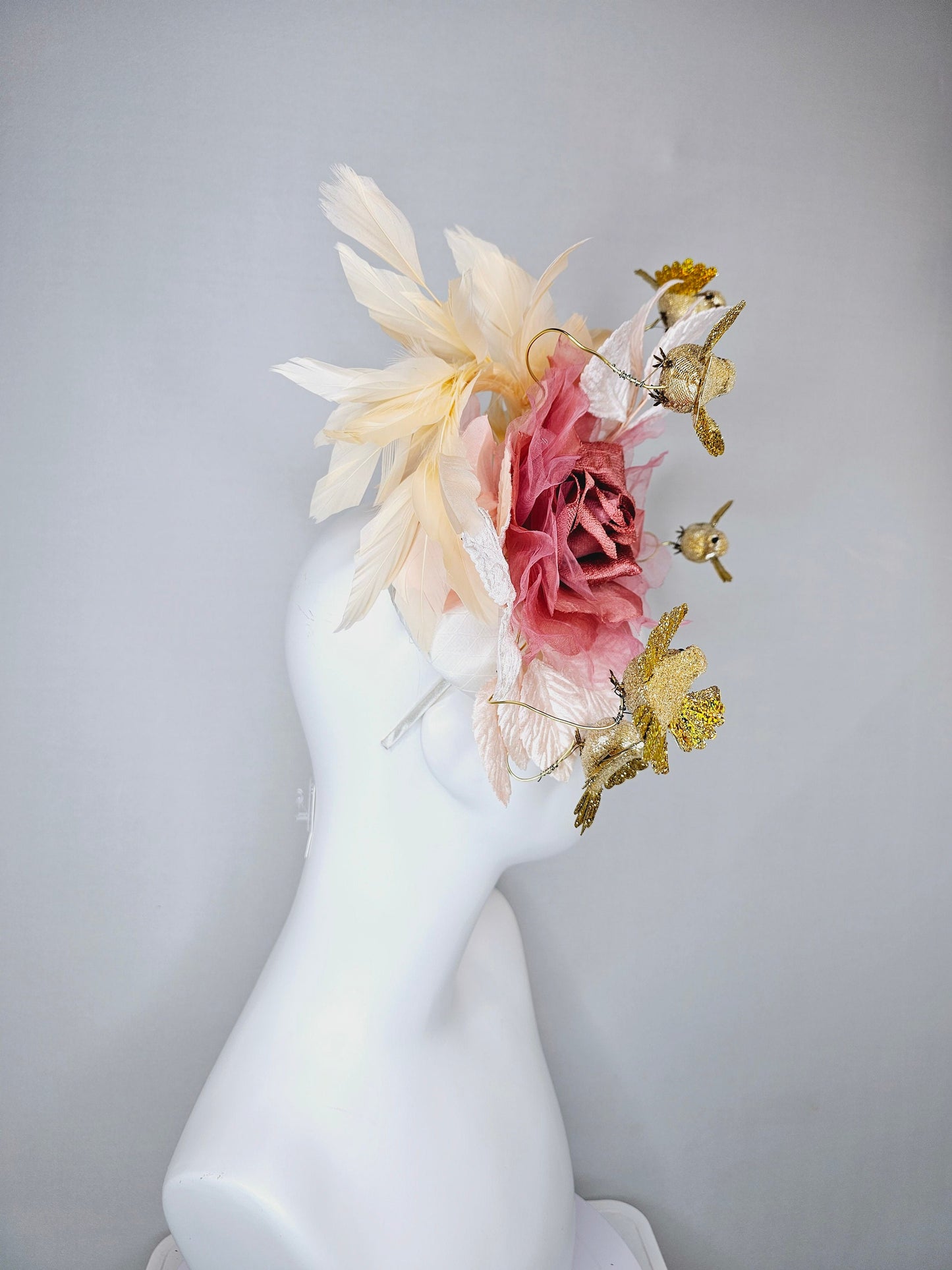 kentucky derby hat fascinator white satin base with netting dusty rose gold mauve pink rose  white blush velvet leaves gold flying birds