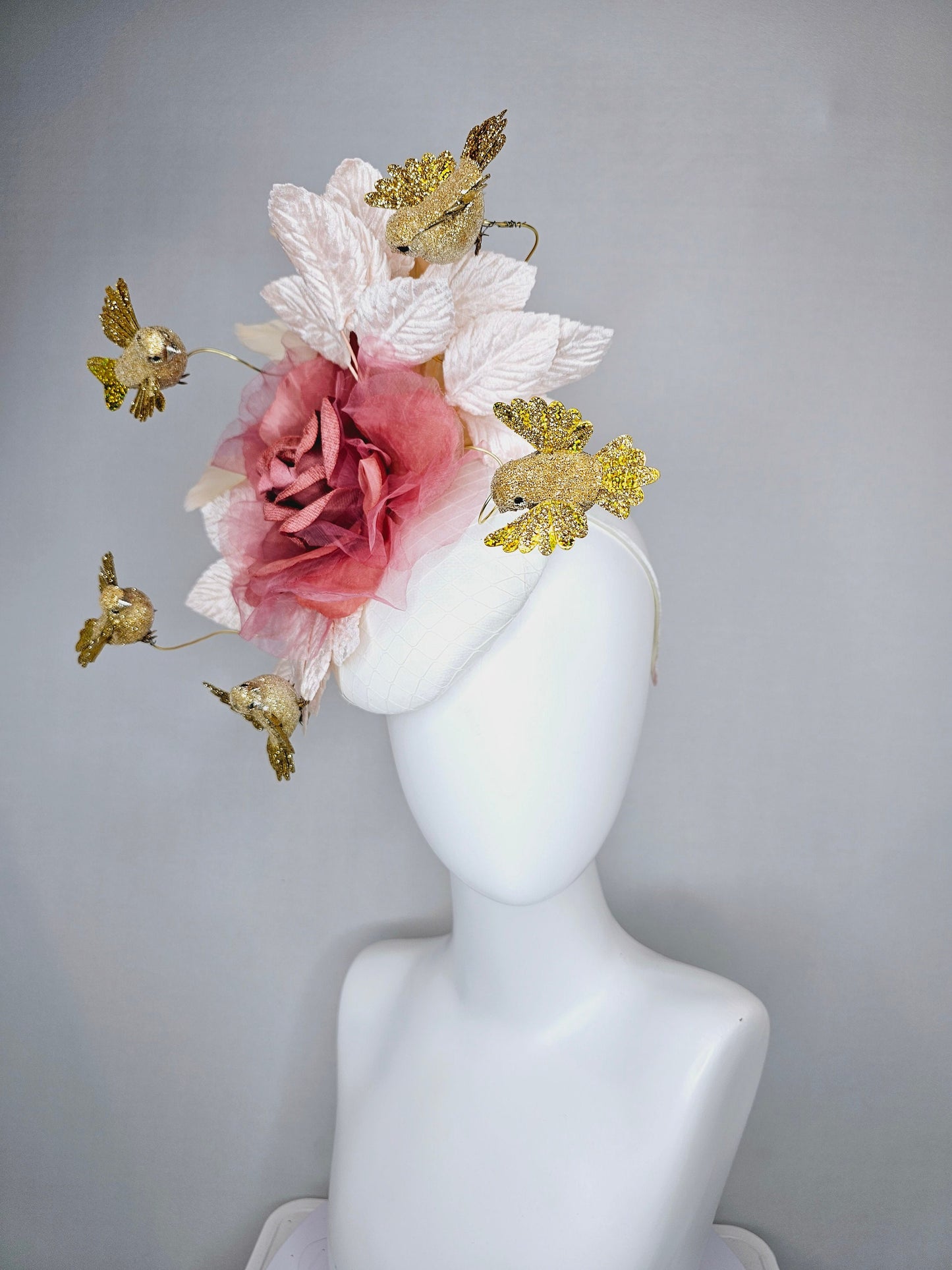 kentucky derby hat fascinator white satin base with netting dusty rose gold mauve pink rose  white blush velvet leaves gold flying birds