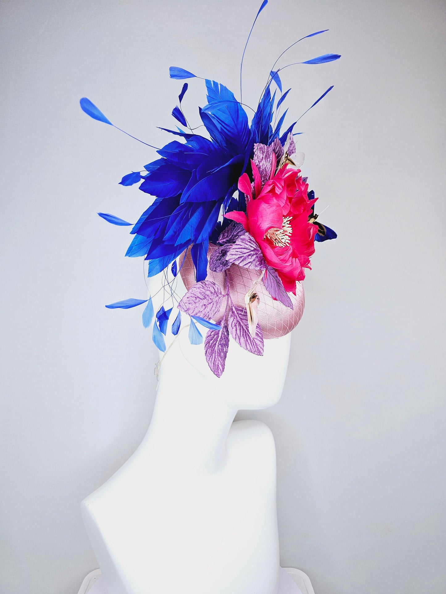 kentucky derby hat fascinator light pink blush satin pink feather flower royal blue feather purple leaves and blue white butterflies