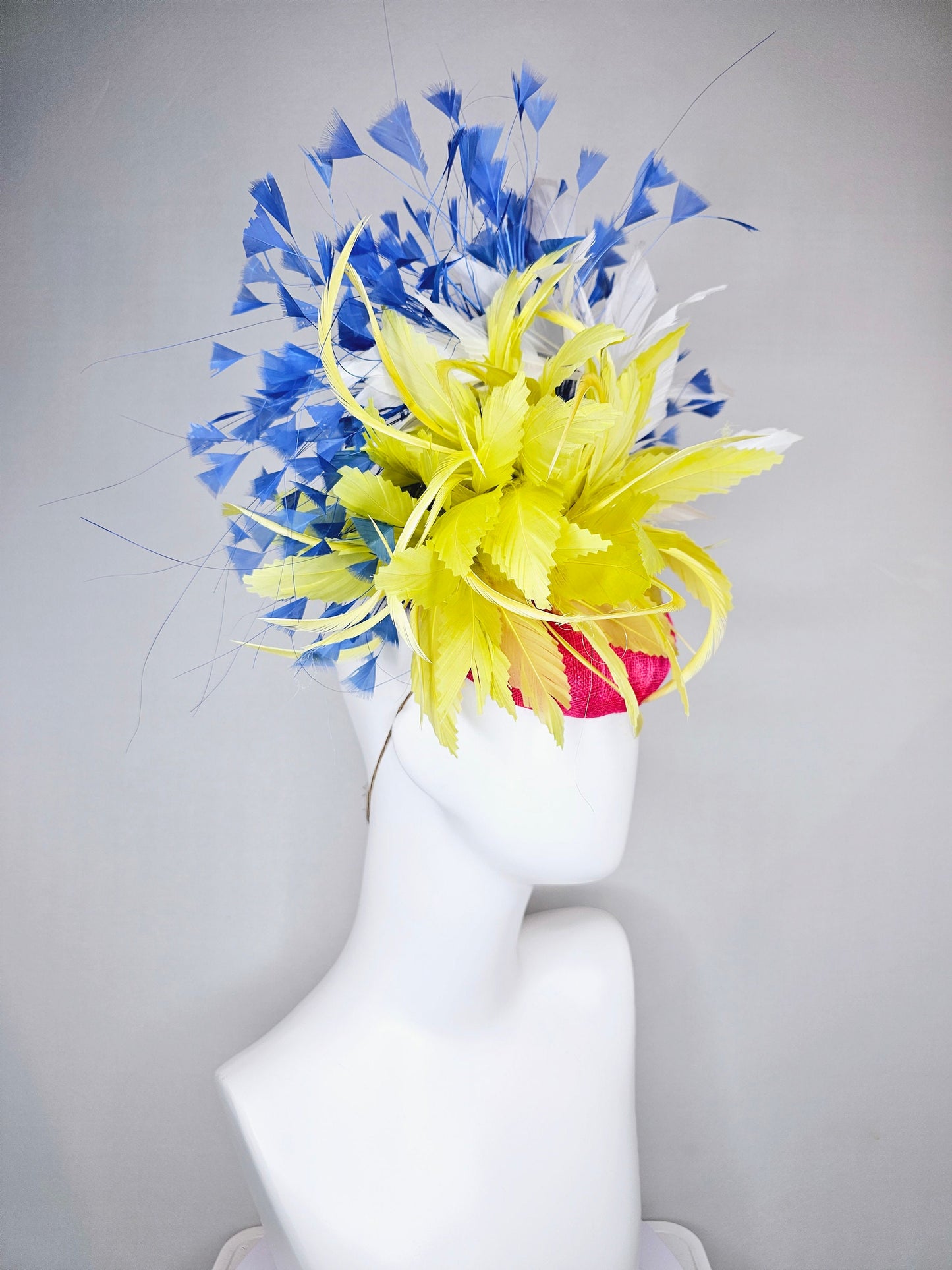 kentucky derby hat fascinator pink sinamay with chartreuse yellow feathers and blue and white feathers