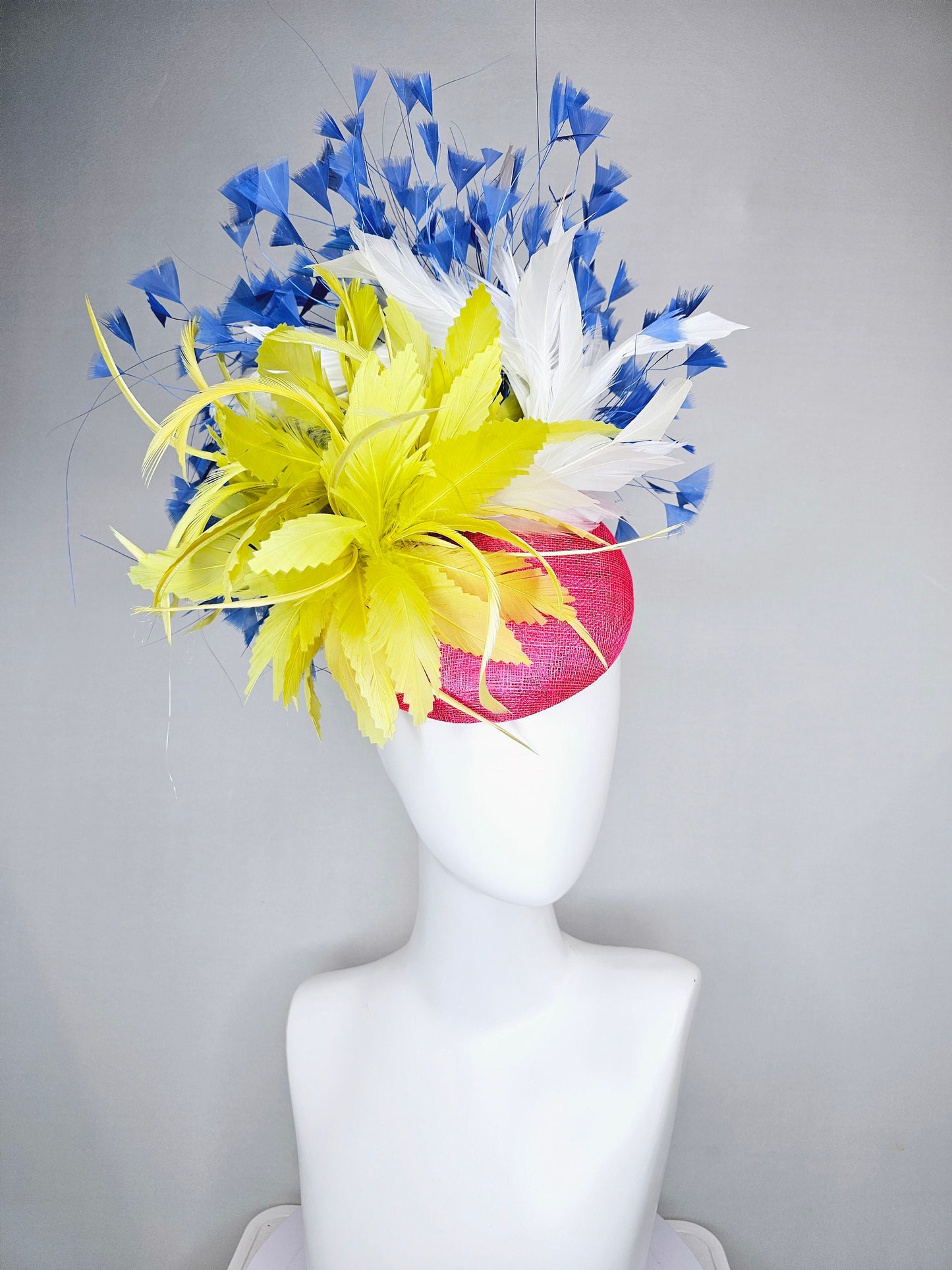 kentucky derby hat fascinator pink sinamay with chartreuse yellow feathers and blue and white feathers