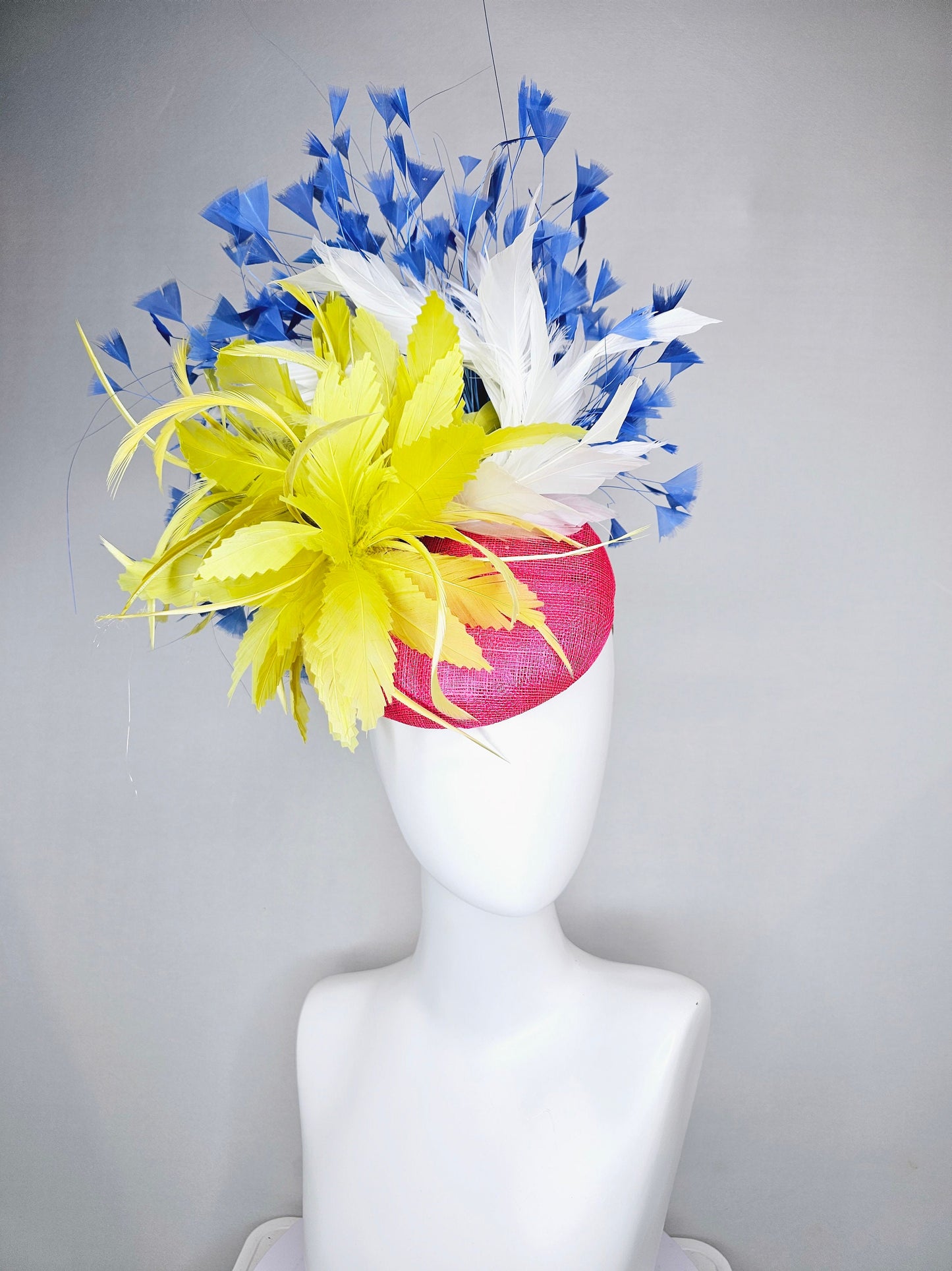 kentucky derby hat fascinator pink sinamay with chartreuse yellow feathers and blue and white feathers