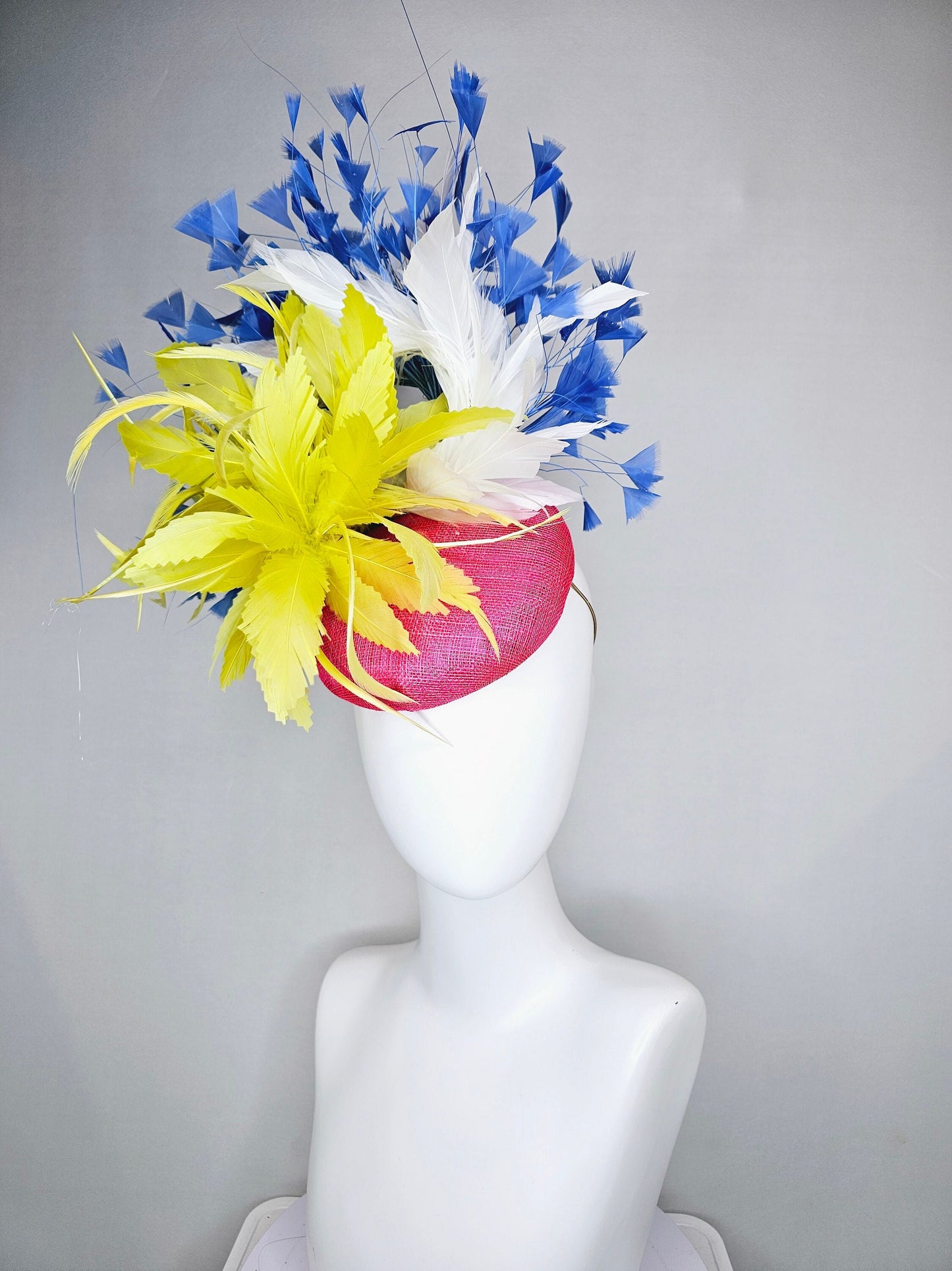 kentucky derby hat fascinator pink sinamay with chartreuse yellow feathers and blue and white feathers