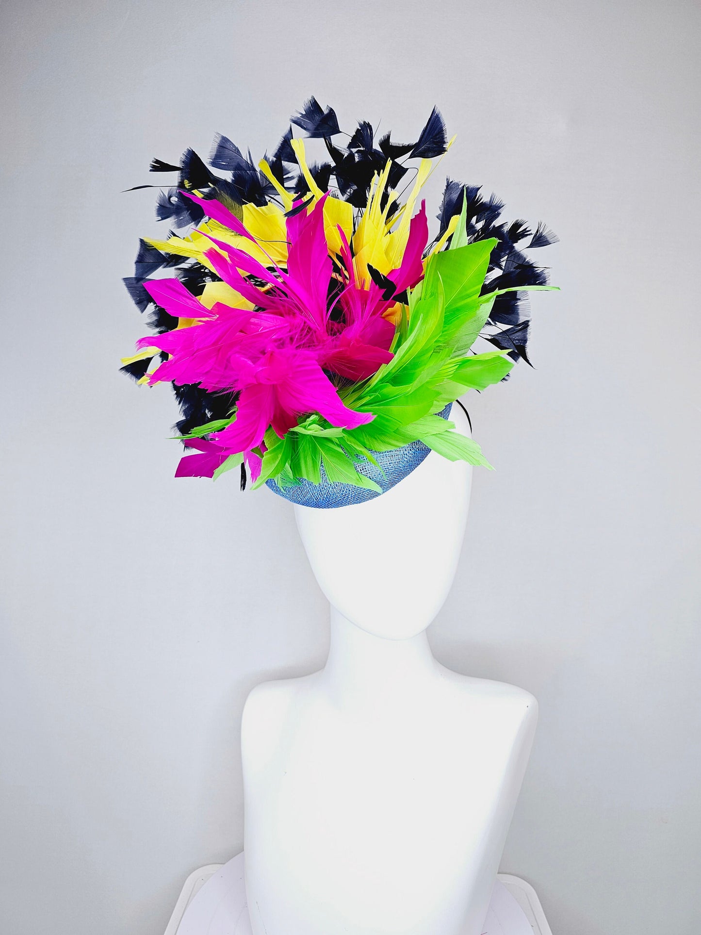 kentucky derby hat fascinator light blue sinamay with rainbow feathers navy blue hot pink yellow and green