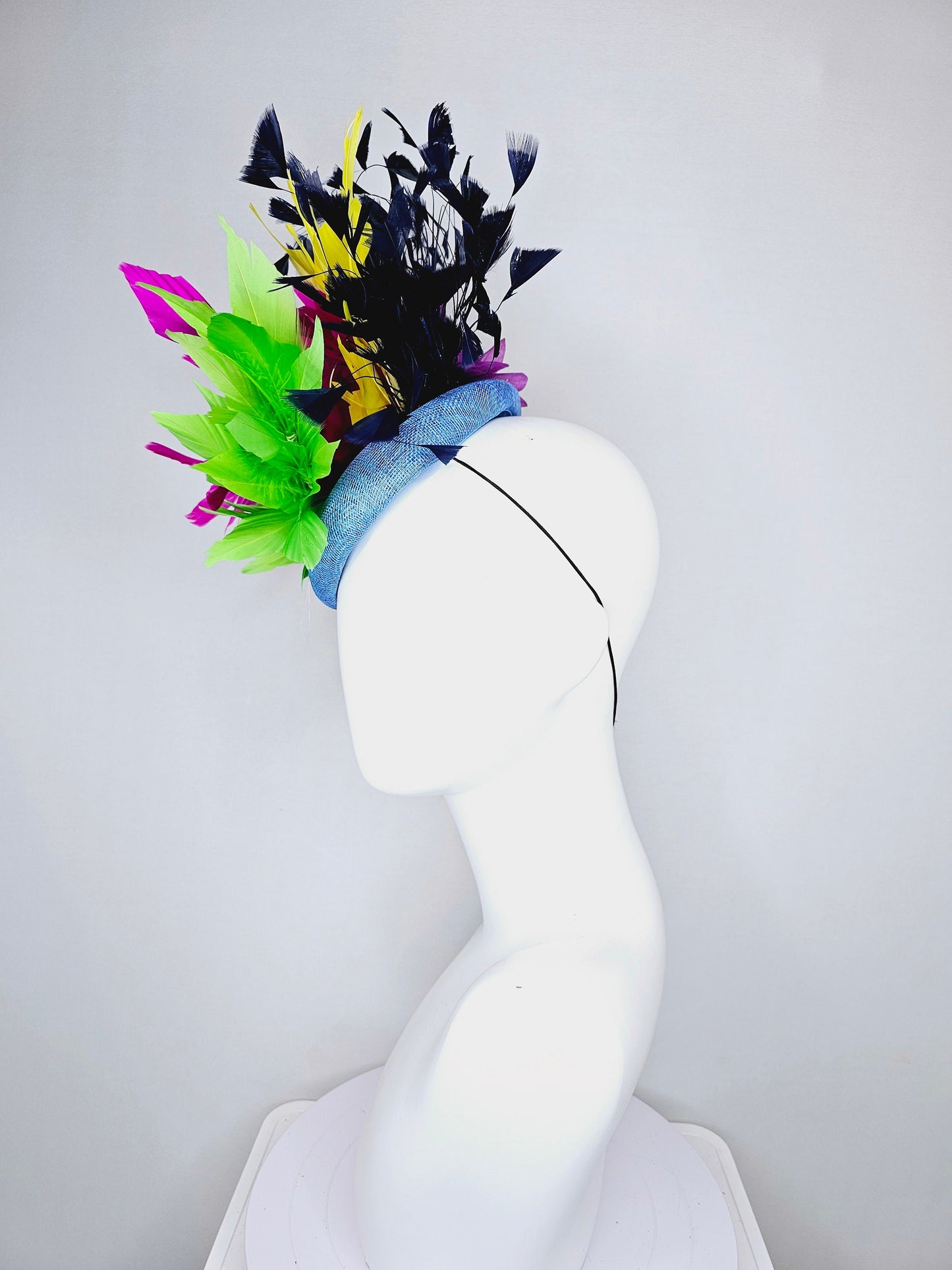 kentucky derby hat fascinator light blue sinamay with rainbow feathers navy blue hot pink yellow and green