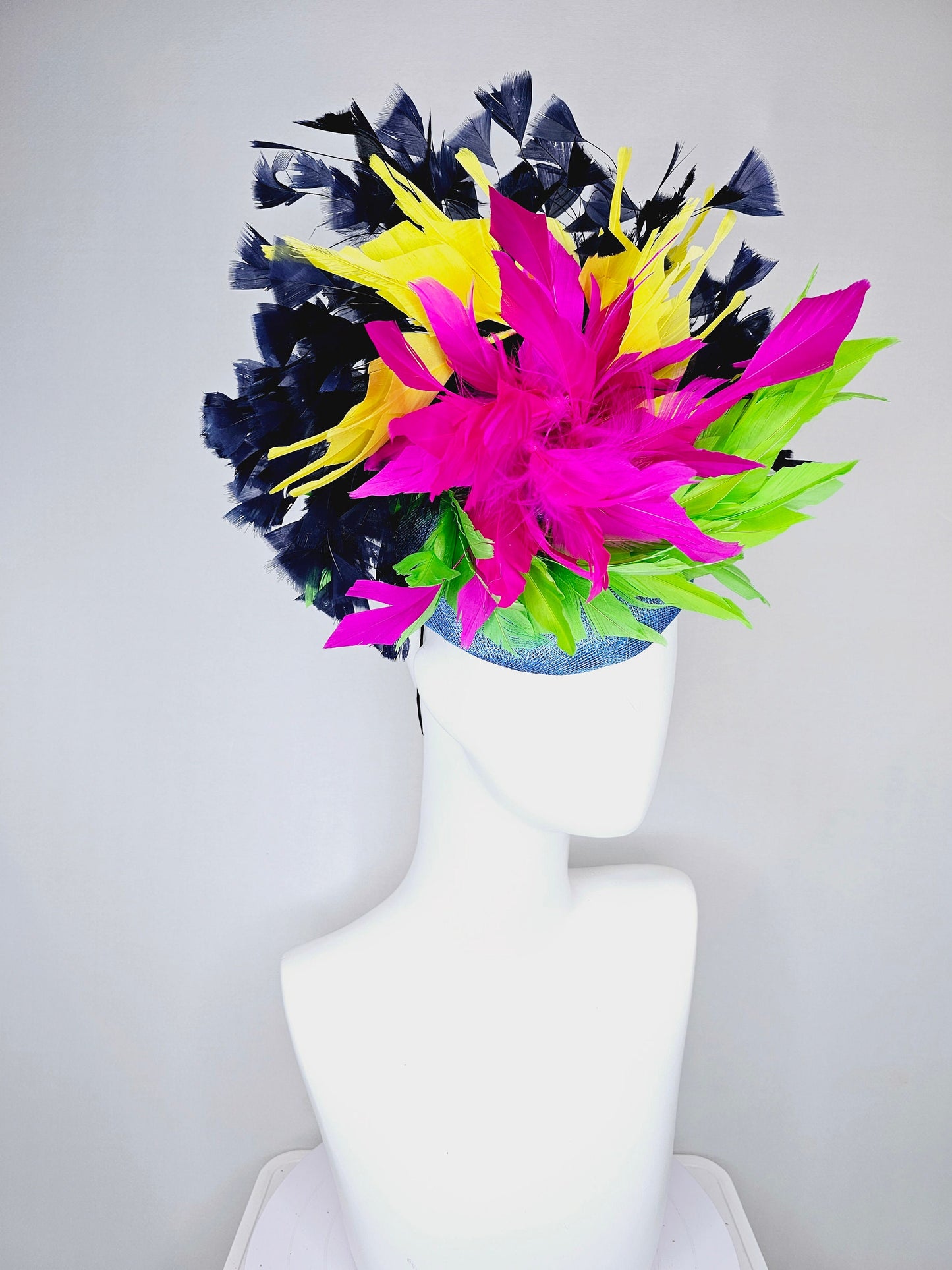 kentucky derby hat fascinator light blue sinamay with rainbow feathers navy blue hot pink yellow and green