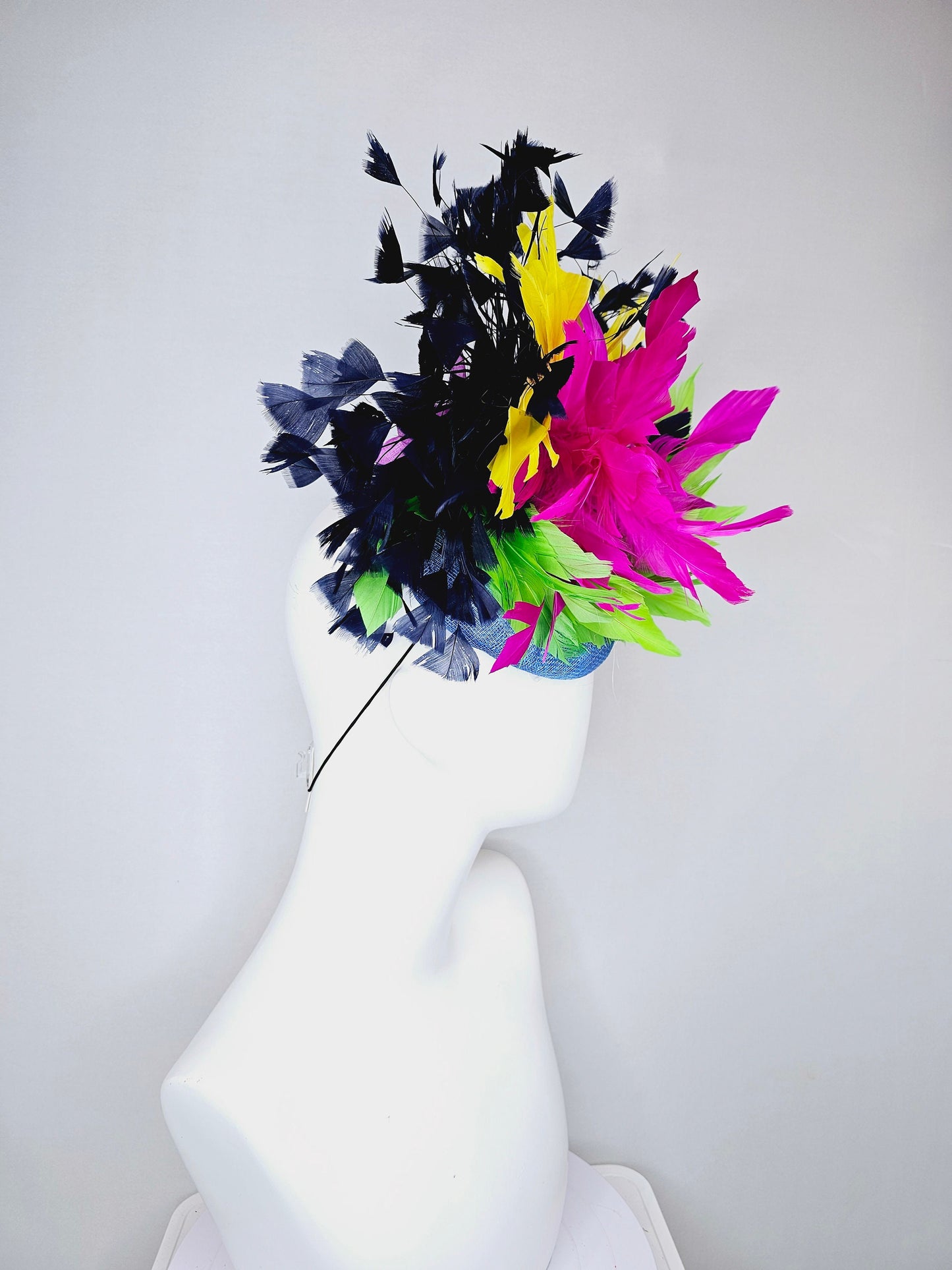 kentucky derby hat fascinator light blue sinamay with rainbow feathers navy blue hot pink yellow and green