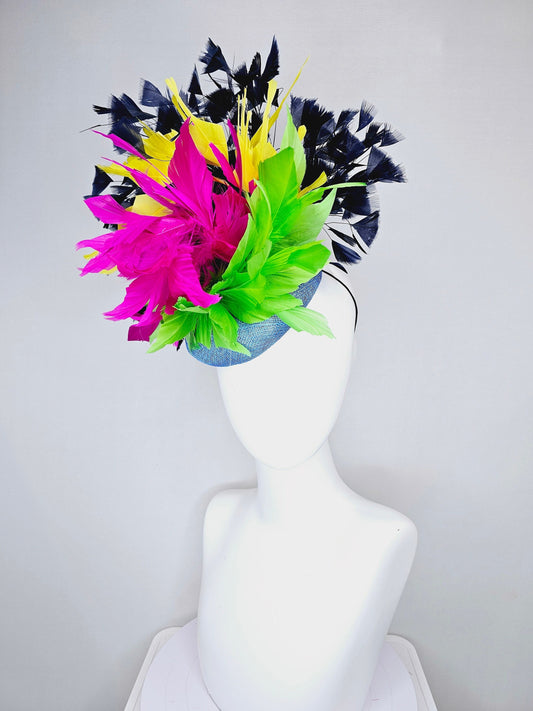 kentucky derby hat fascinator light blue sinamay with rainbow feathers navy blue hot pink yellow and green