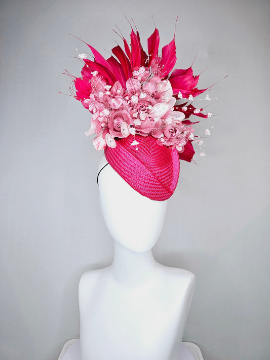 kentucky derby hat fascinator  raspberry fuchsia pink poined buntal with matching feathers and mauve pink satin beaded flowers