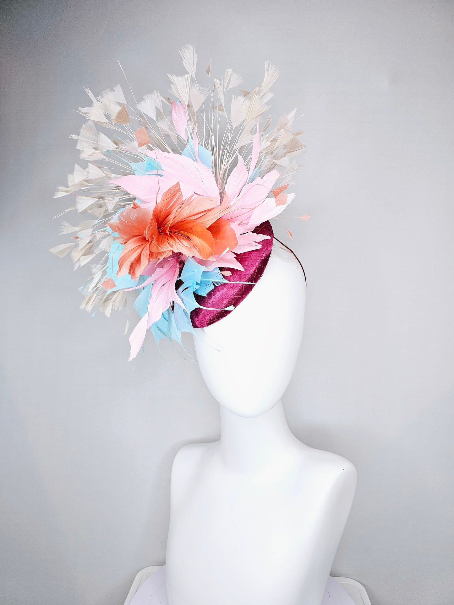 kentucky derby hat fascinator purple sinamay with rainbow feathers taupe ivory blue coral pink