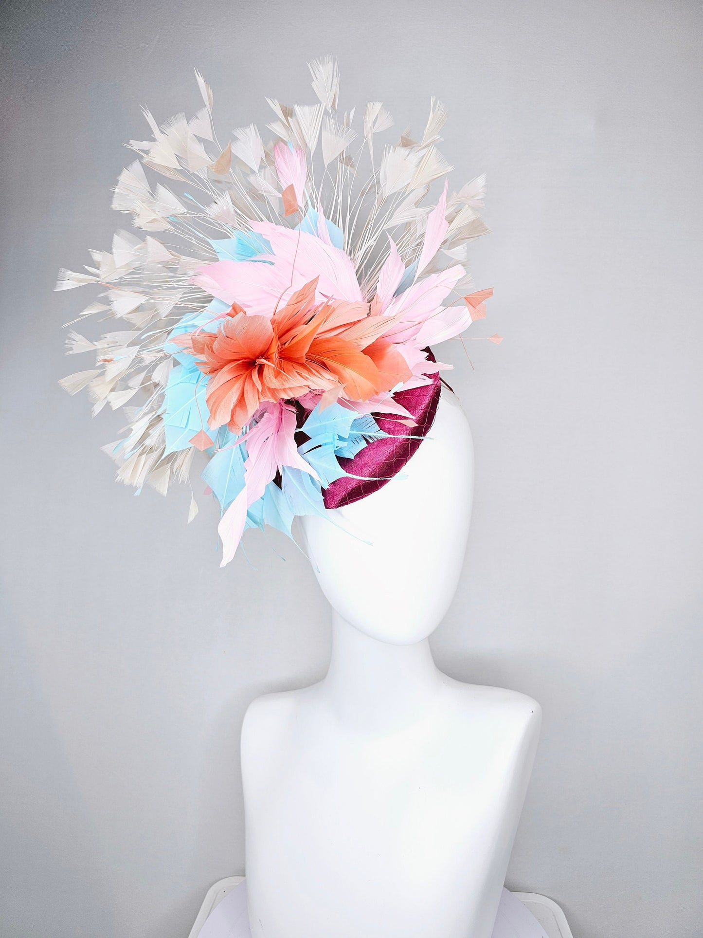 kentucky derby hat fascinator purple sinamay with rainbow feathers taupe ivory blue coral pink