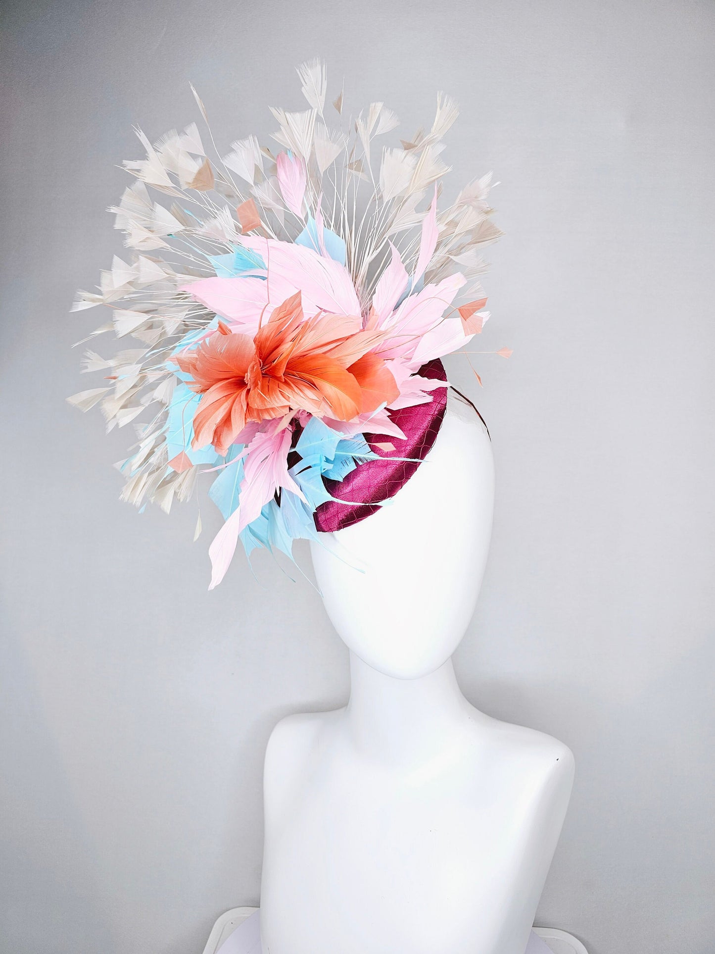 kentucky derby hat fascinator purple sinamay with rainbow feathers taupe ivory blue coral pink