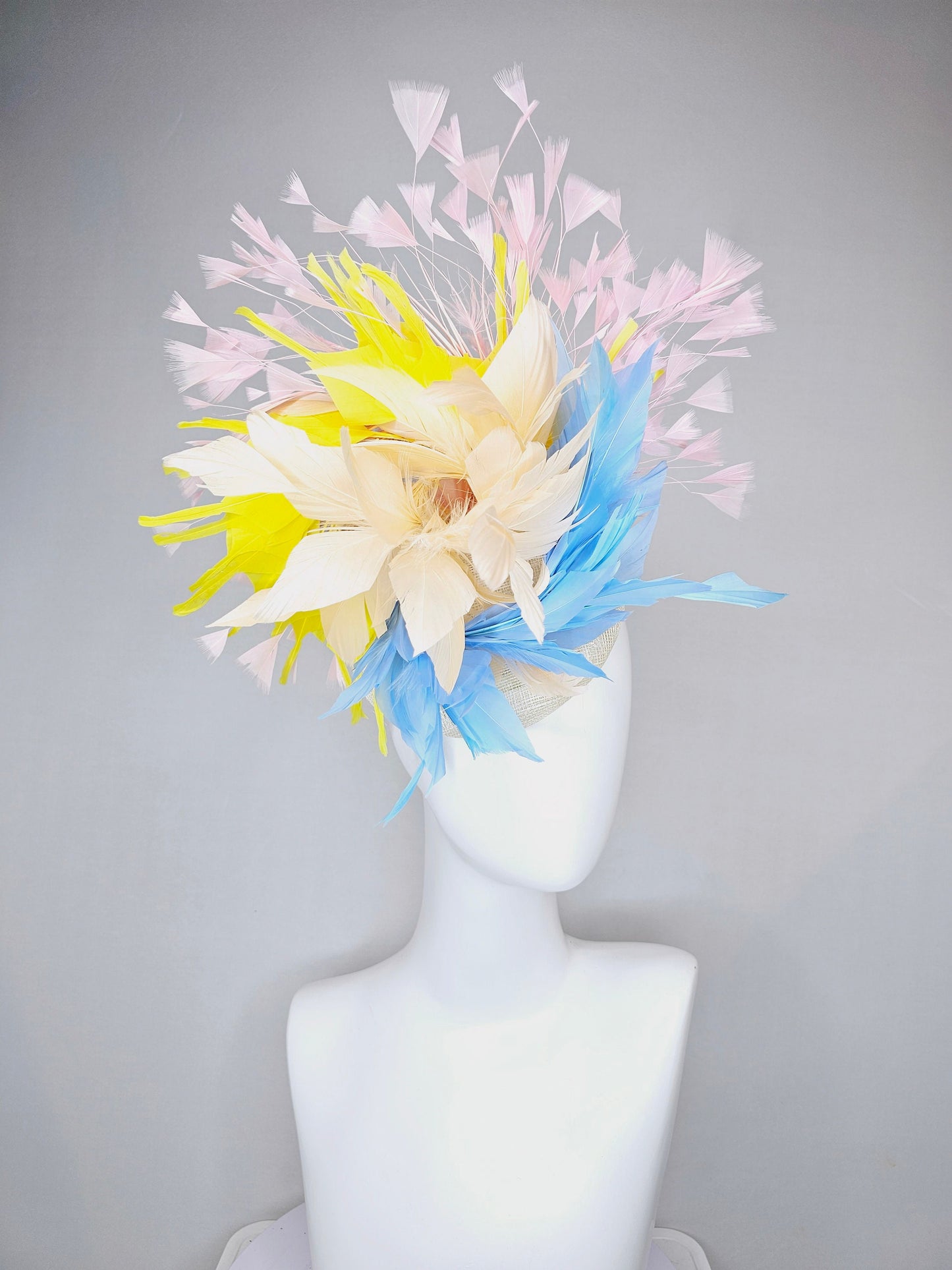 kentucky derby hat fascinator neutral sinamay with rainbow feathers pastel blue  pink yellow peach white