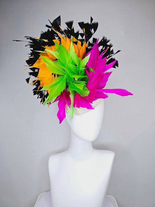 kentucky derby hat fascinator neutral sinamay with rainbow feathers black orange hot pink green