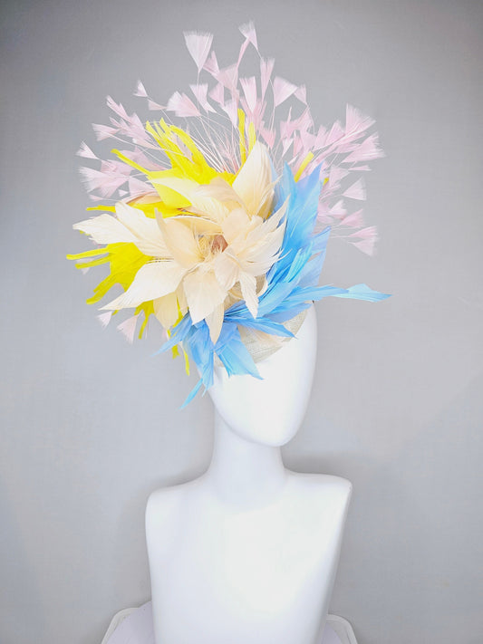 kentucky derby hat fascinator neutral sinamay with rainbow feathers pastel blue  pink yellow peach white