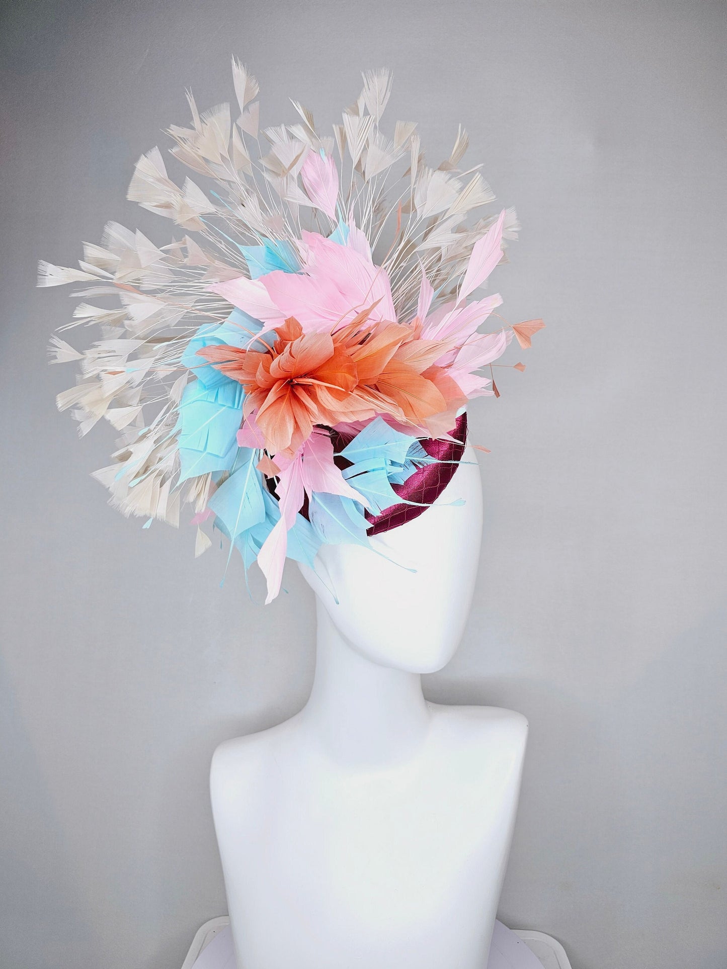 kentucky derby hat fascinator purple sinamay with rainbow feathers taupe ivory blue coral pink