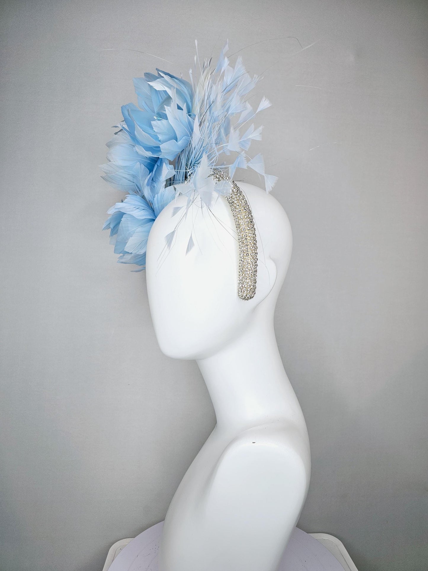 kentucky derby hat fascinator rhinestone crystal headband with light  blue feather flowers light blue feathers