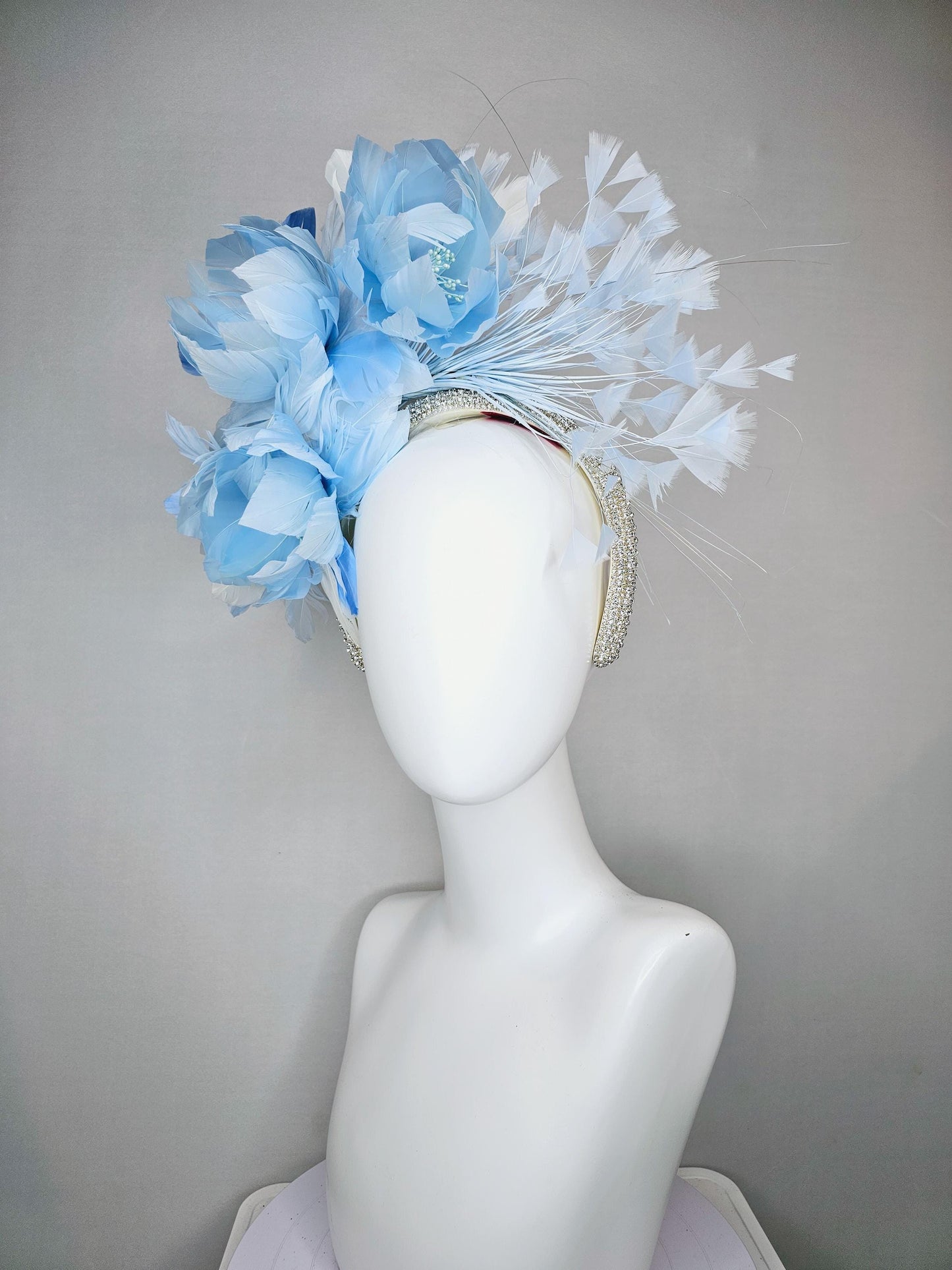 kentucky derby hat fascinator rhinestone crystal headband with light  blue feather flowers light blue feathers