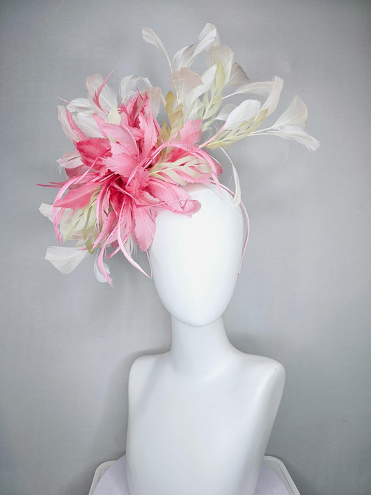 kentucky derby hat fascinator headband with light baby pink feather flower with white and light tan feathers