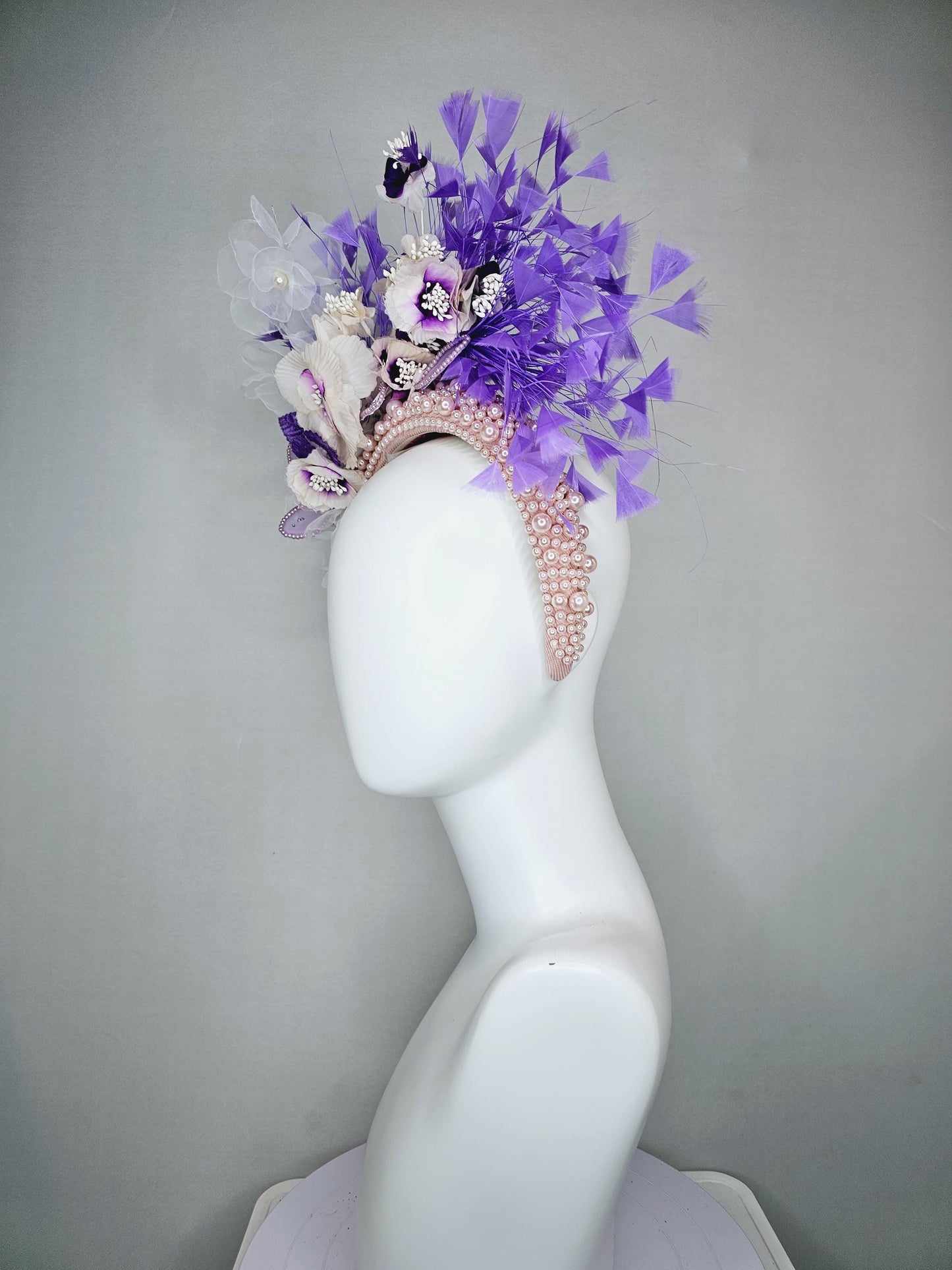 kentucky derby hat fascinator pink pearl headband with white purple organza silk flowers and purple leaves with lavender purple feathers