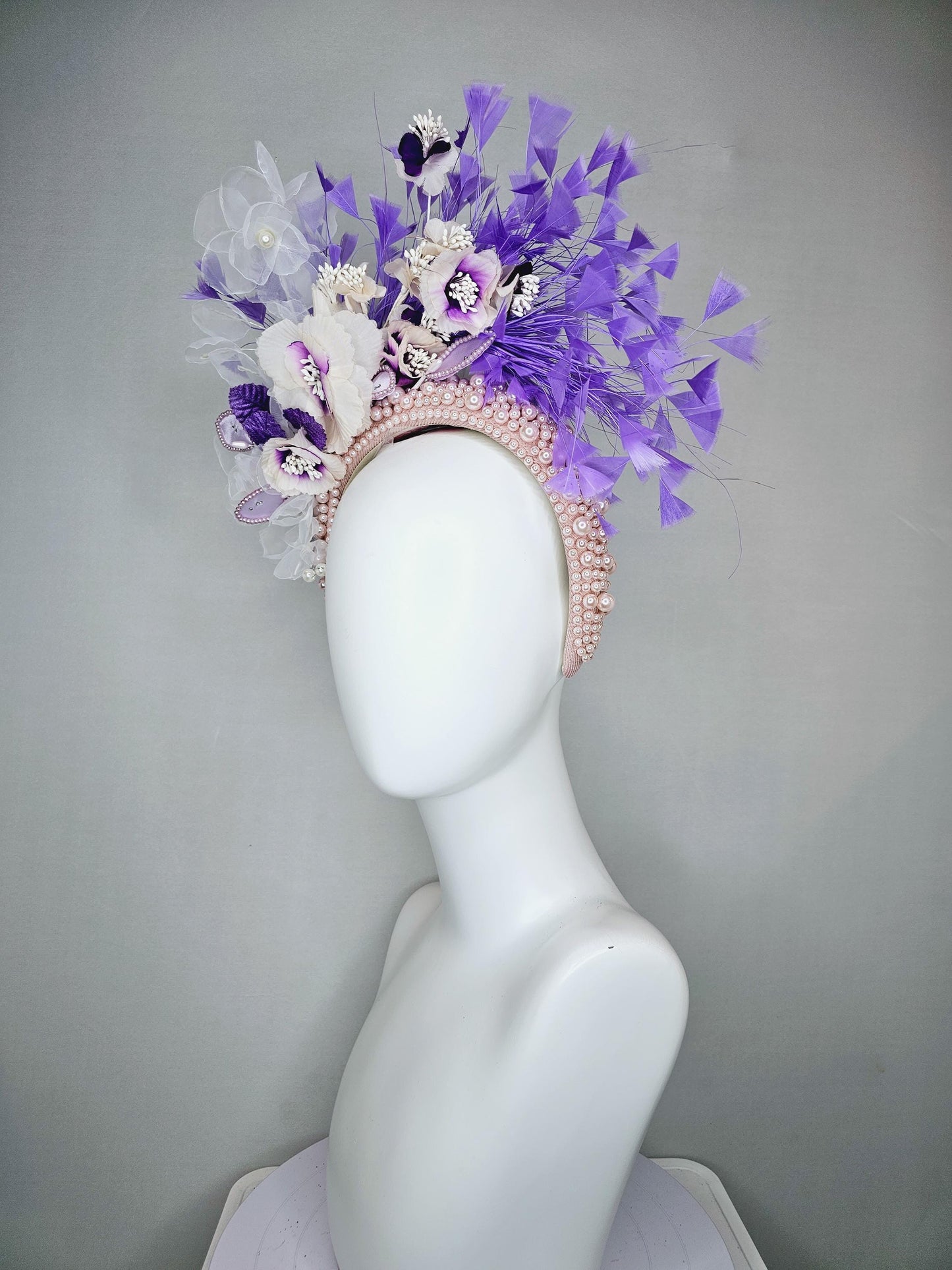 kentucky derby hat fascinator pink pearl headband with white purple organza silk flowers and purple leaves with lavender purple feathers