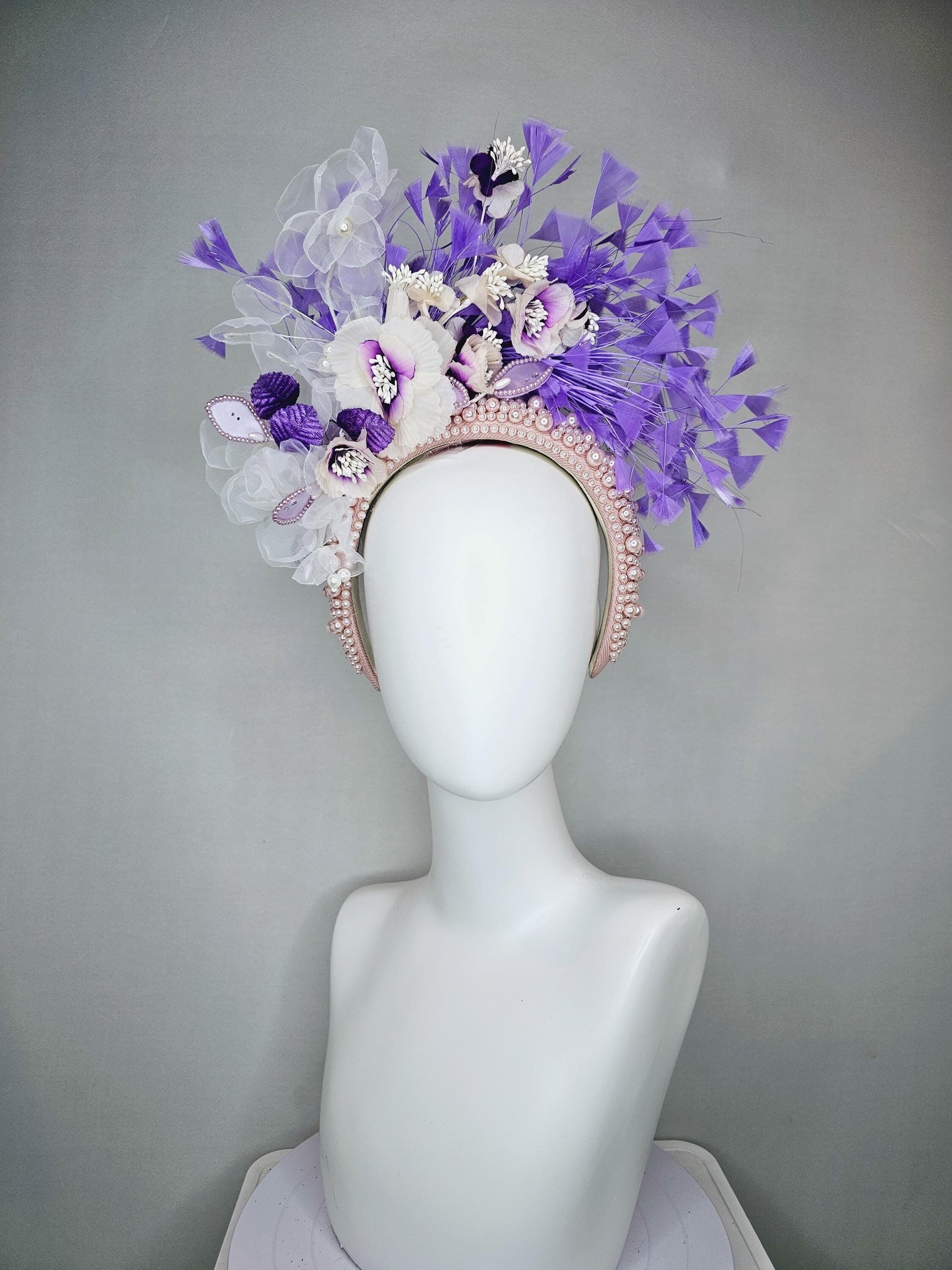 kentucky derby hat fascinator pink pearl headband with white purple organza silk flowers and purple leaves with lavender purple feathers