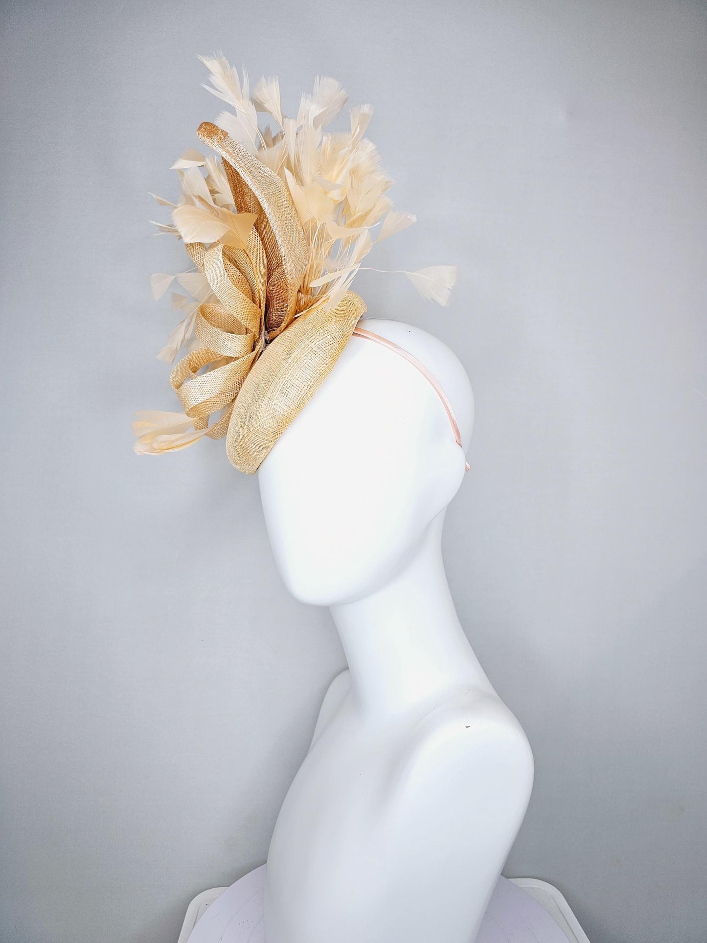 kentucky derby hat fascinator gold tan beige sinamay with taupe tan sinamay curls and gold taupe branching feathers