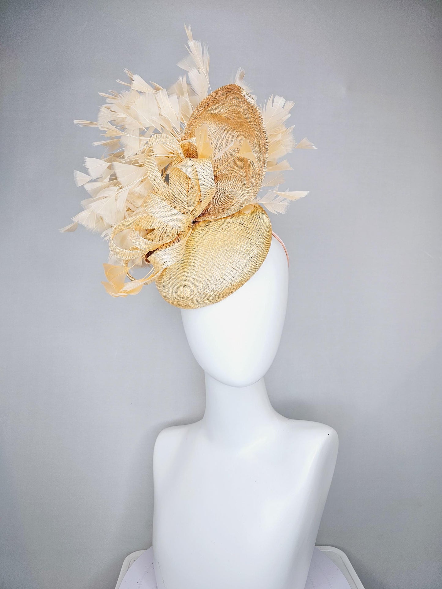 kentucky derby hat fascinator gold tan beige sinamay with taupe tan sinamay curls and gold taupe branching feathers