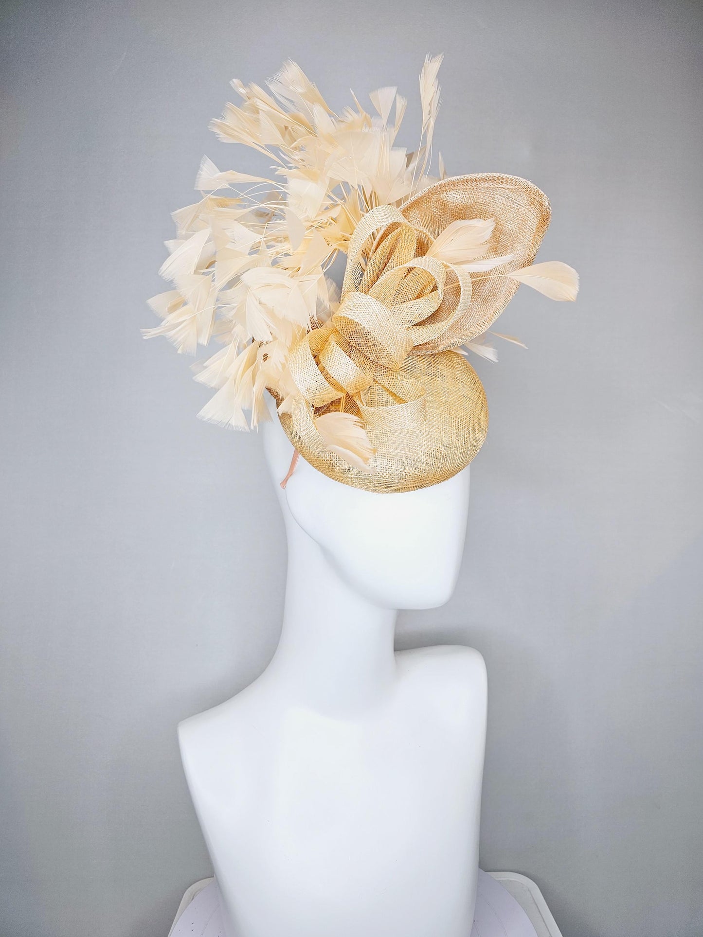 kentucky derby hat fascinator gold tan beige sinamay with taupe tan sinamay curls and gold taupe branching feathers