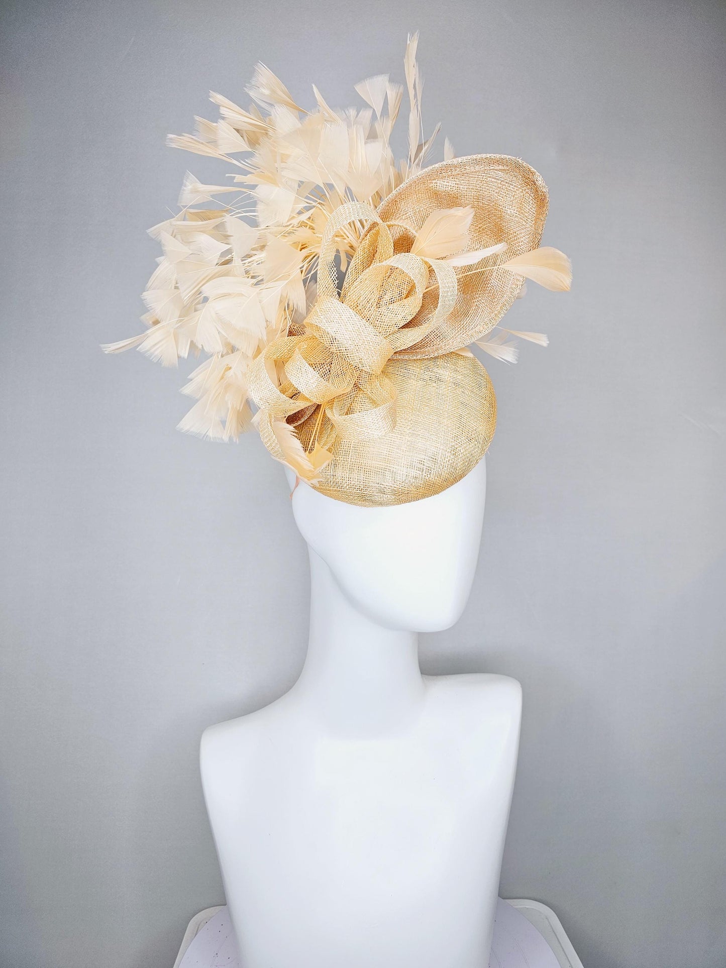 kentucky derby hat fascinator gold tan beige sinamay with taupe tan sinamay curls and gold taupe branching feathers