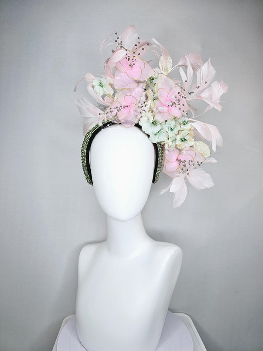 kentucky derby hat fascinator light pink feathers on green swarovski crystal headband with light pink wire mesh flowers, green satin flowers