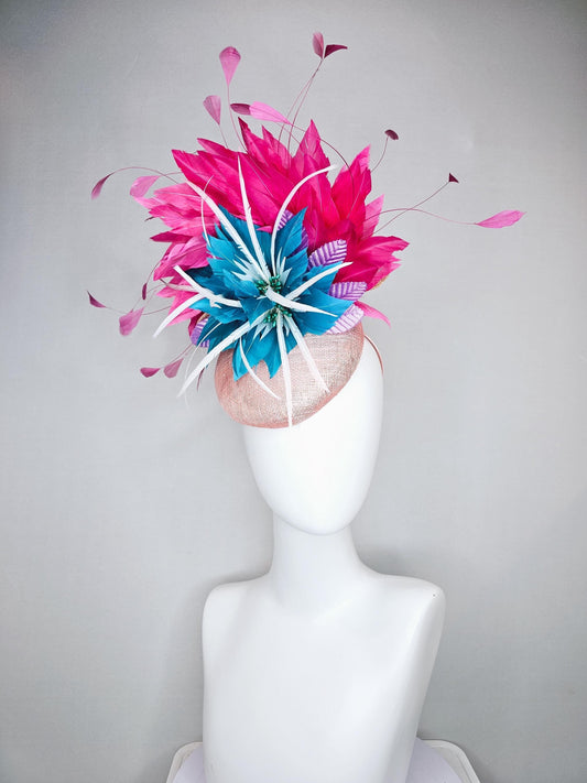 kentucky derby hat fascinator light pink sinamay with royal blue feather flower with fuchsia hot pink feathers and purple velvet leaves