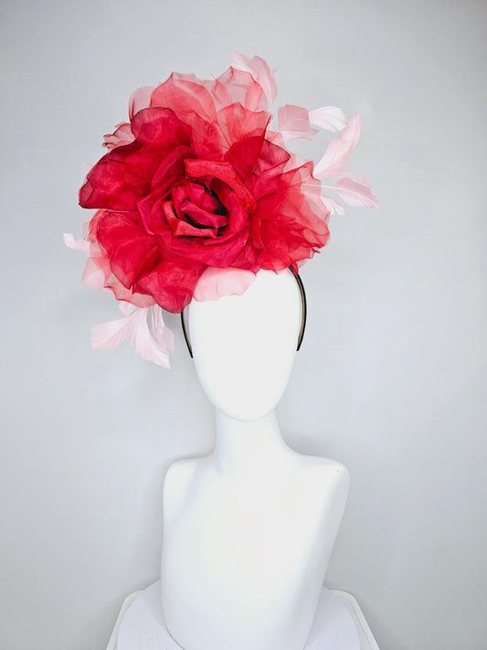 kentucky derby fascinator black headband with large red organza flower and blush light pink branching feathers