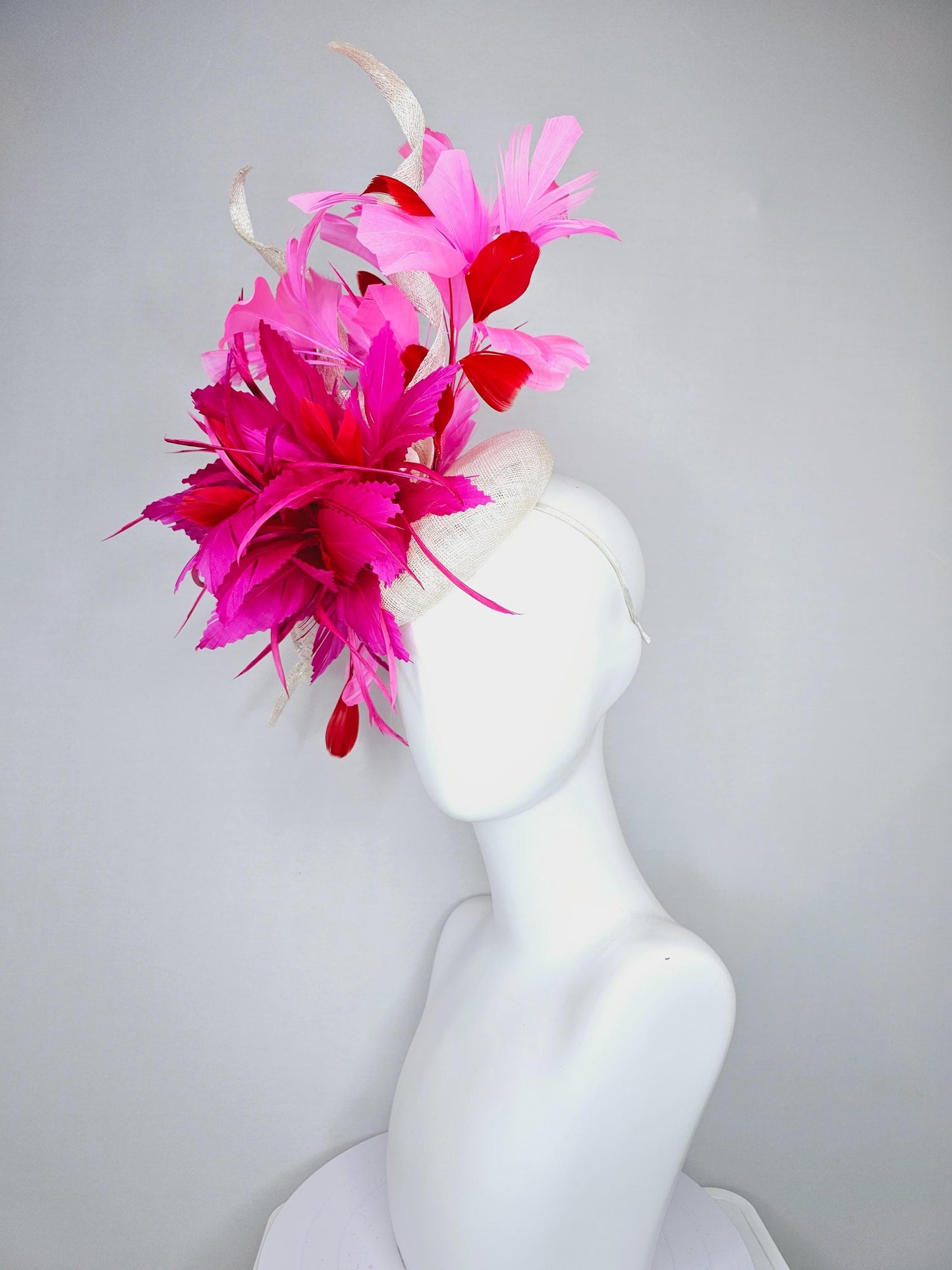 kentucky derby hat fascinator ivory white sinamay with red and hot pink fuchsia feather flowers and sinamay curls