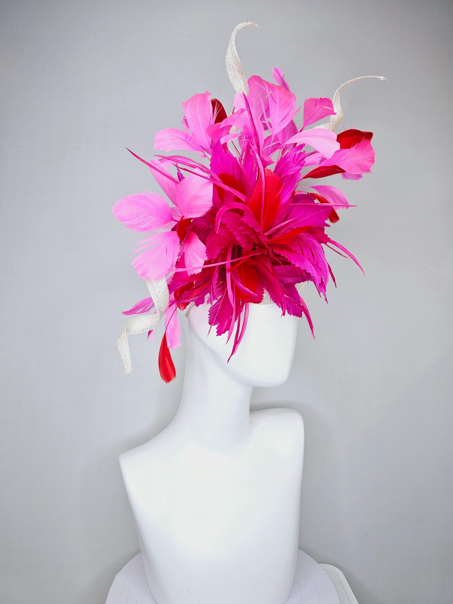 kentucky derby hat fascinator ivory white sinamay with red and hot pink fuchsia feather flowers and sinamay curls