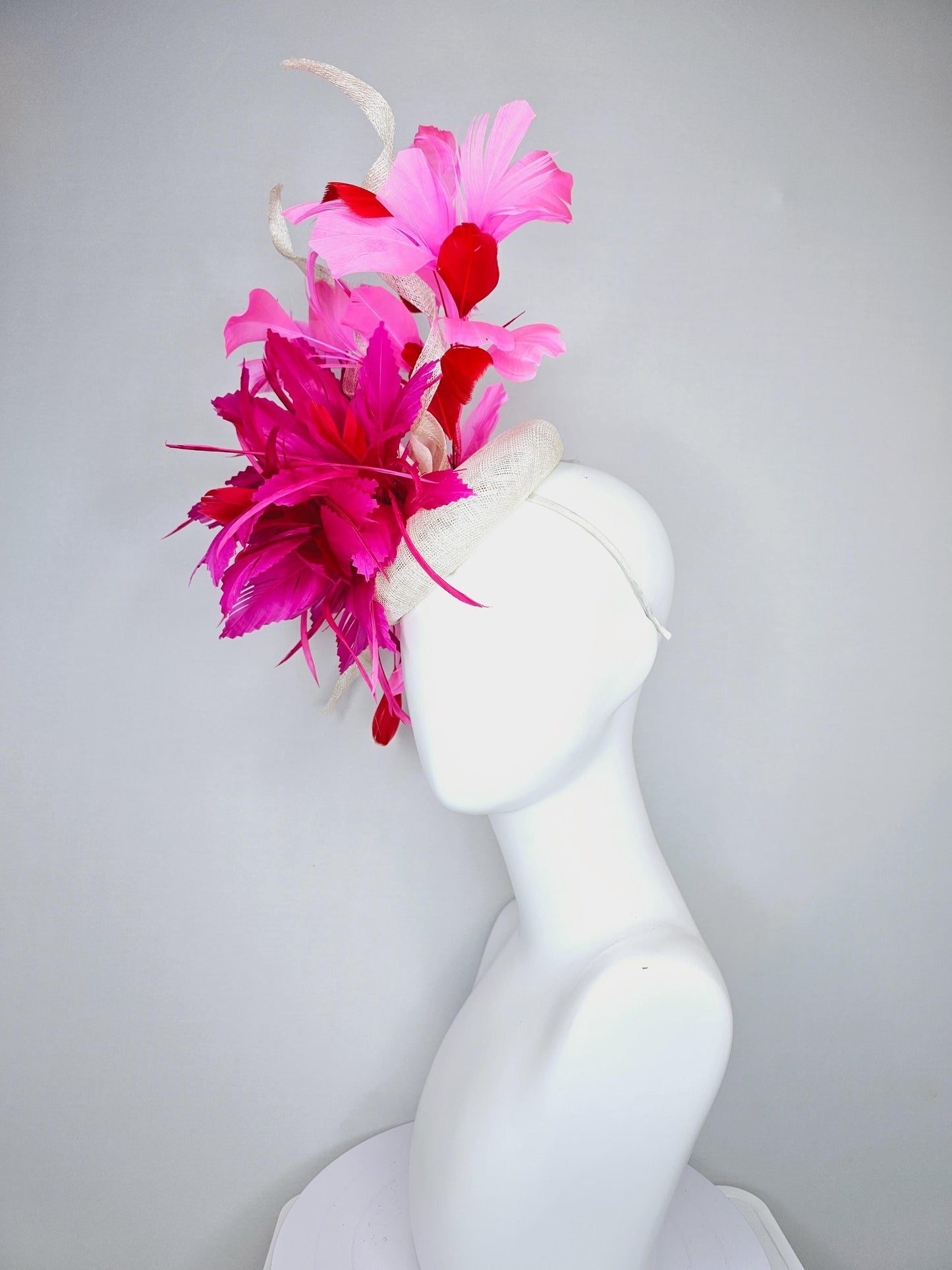 kentucky derby hat fascinator ivory white sinamay with red and hot pink fuchsia feather flowers and sinamay curls