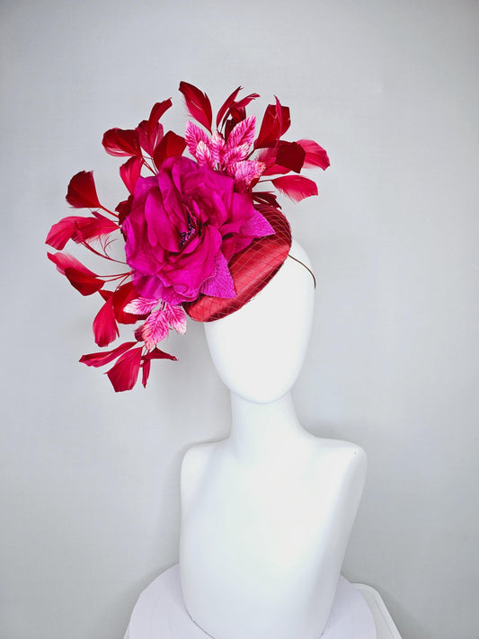 kentucky derby hat fascinator red satin with bright pink satin organza rose flower with red branching red feathers