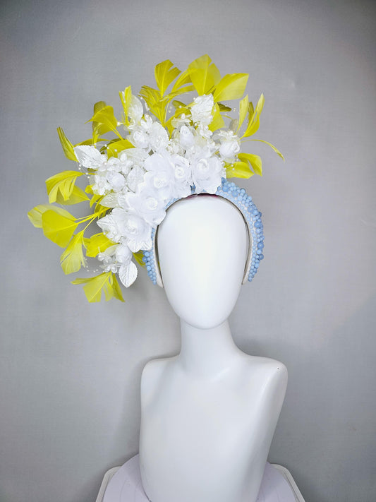 kentucky derby hat fascinator baby blue embroidered pearl headband with white satin flowers,white velvet leaves, branching yellow feathers