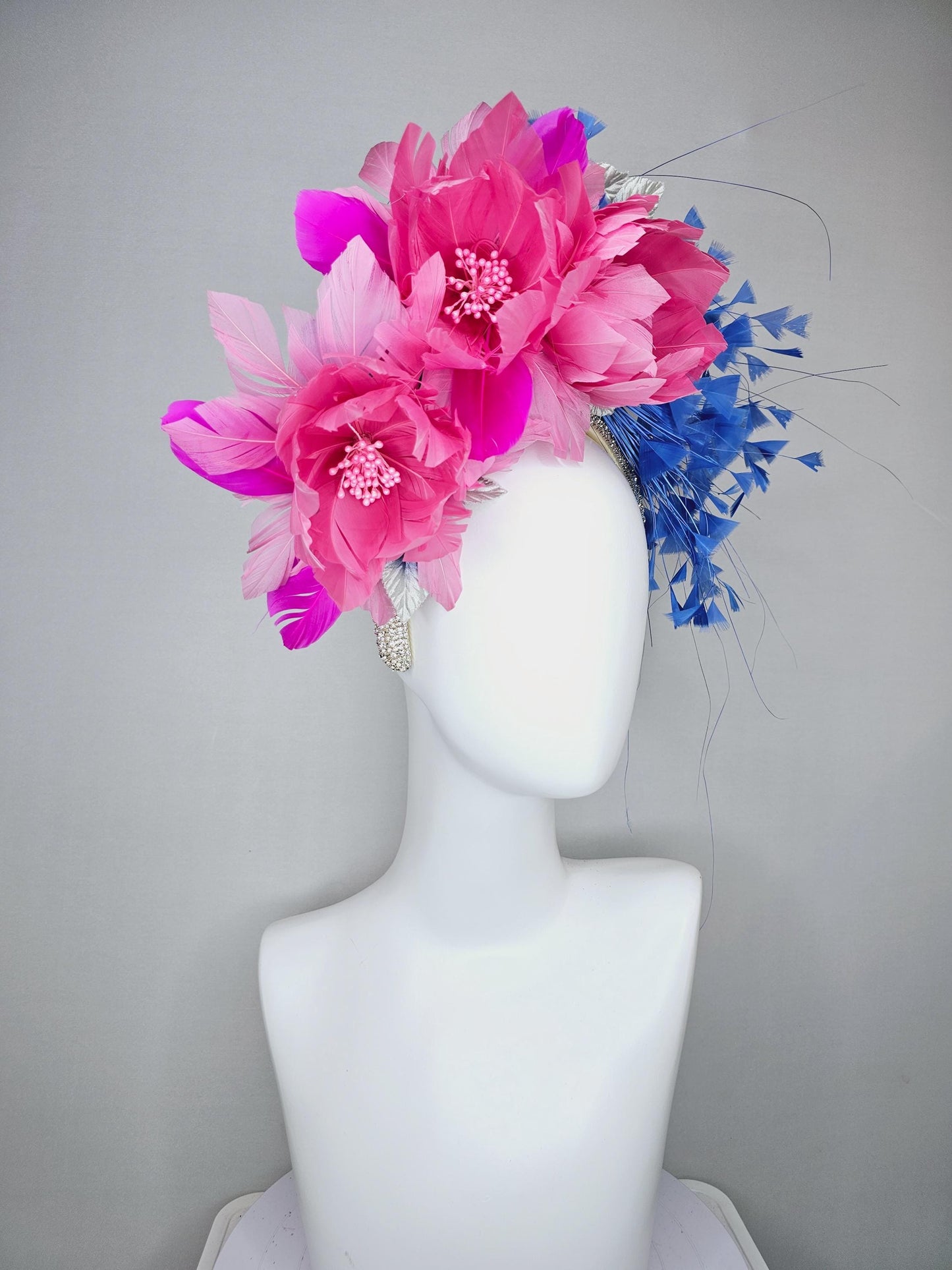 kentucky derby hat fascinator rhinestone crystal headband with branching royal blue feathers and pink feathers flowers with purple feathers