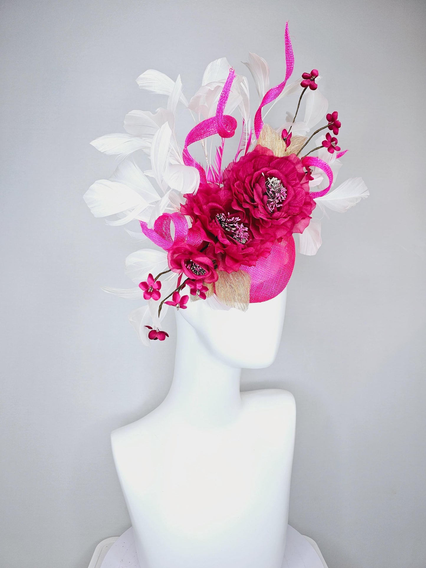 kentucky derby hat fascinator magenta fuchsia pink sinamay with fuchsia pink organza flowers beaded core,white feathers and pink curls