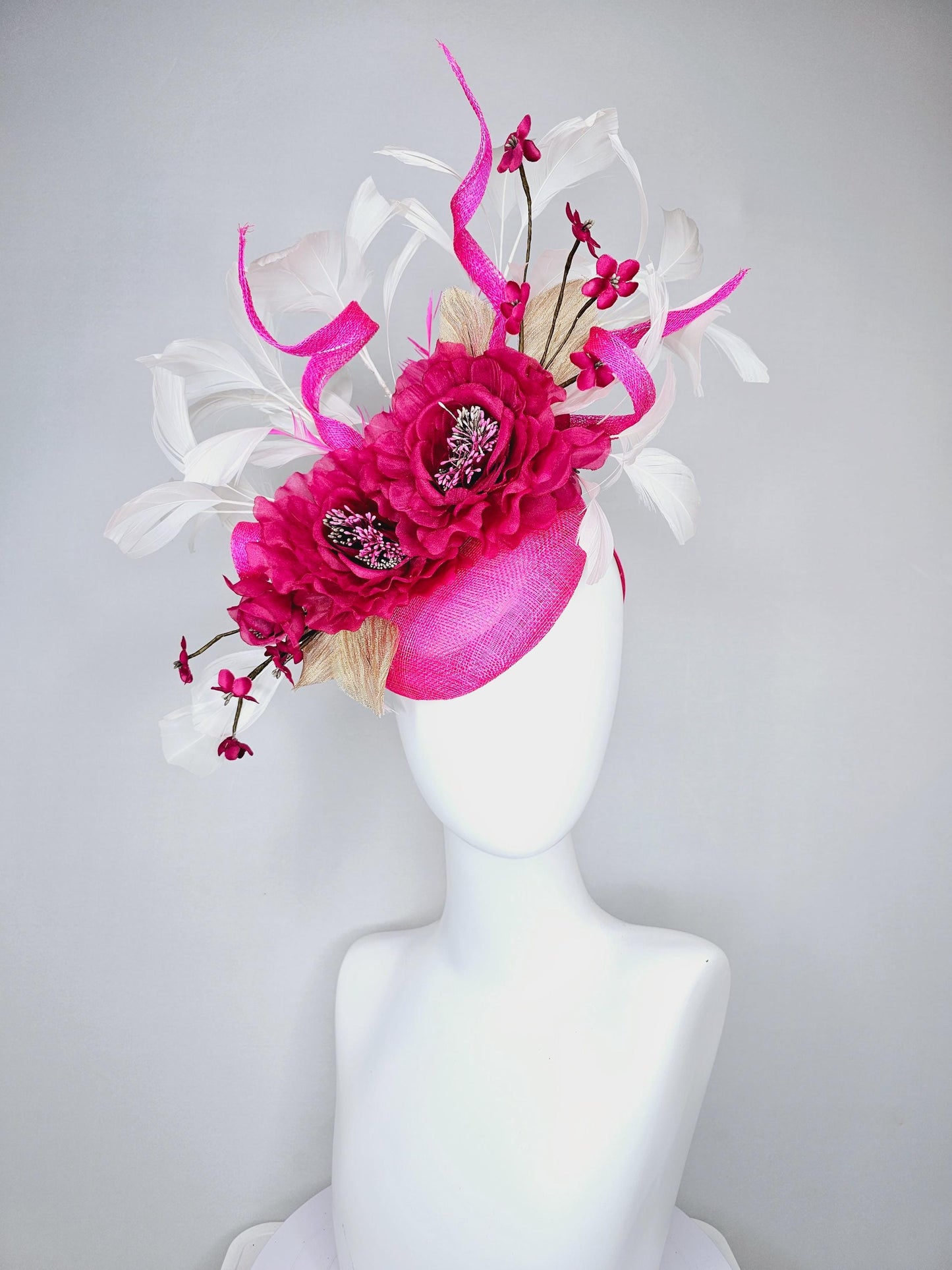 kentucky derby hat fascinator magenta fuchsia pink sinamay with fuchsia pink organza flowers beaded core,white feathers and pink curls