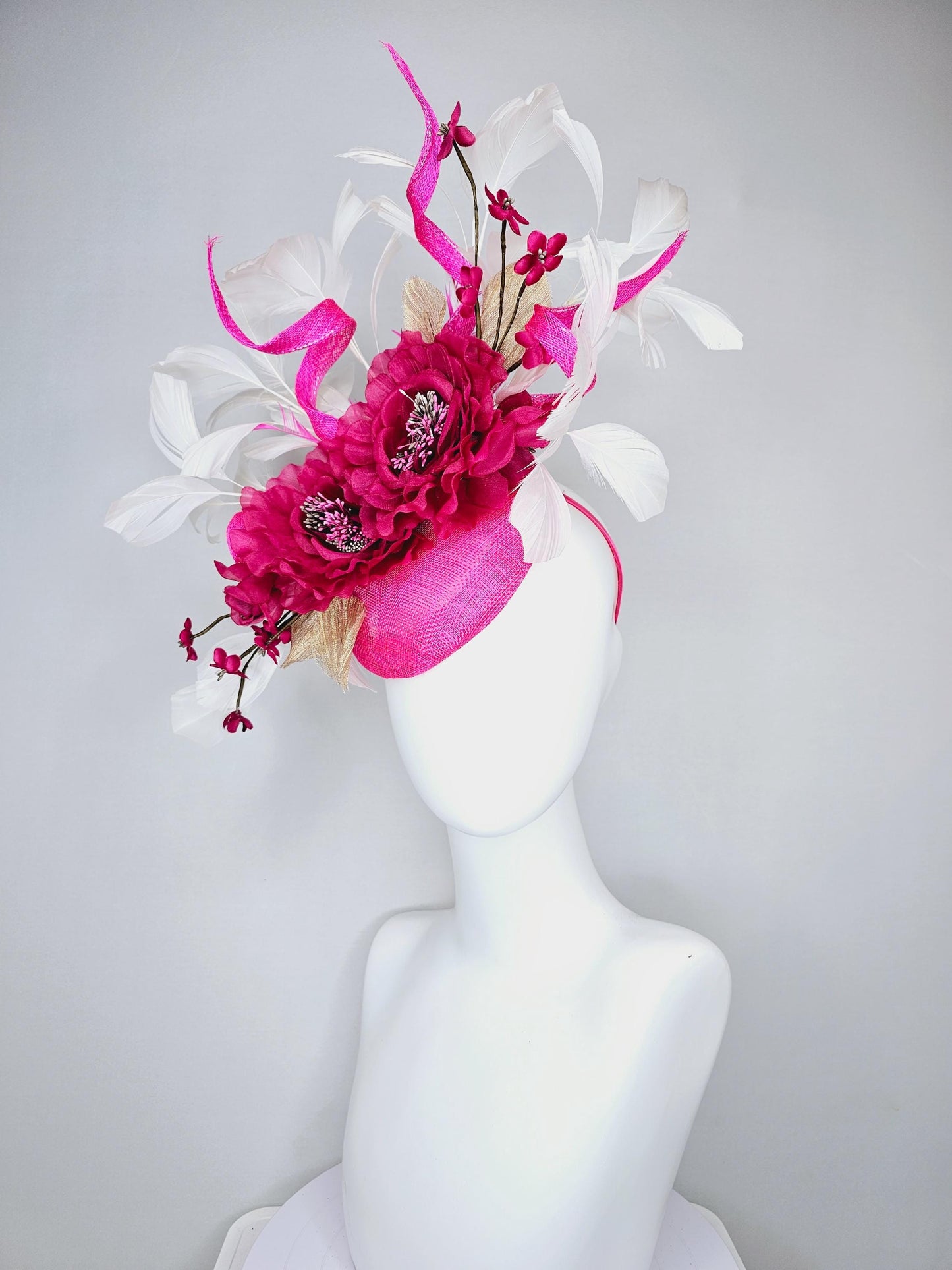 kentucky derby hat fascinator magenta fuchsia pink sinamay with fuchsia pink organza flowers beaded core,white feathers and pink curls