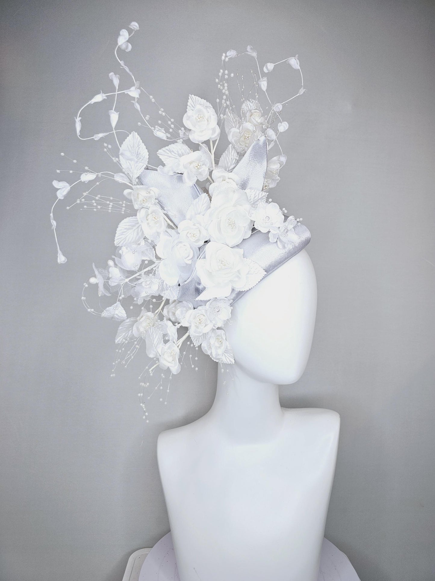 kentucky derby hat fascinator silver gray satin with ivory white satin flowers, white velvet leaves with decorative pearl strings