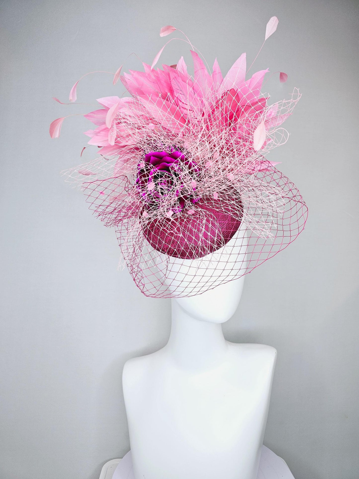 kentucky derby hat fascinator violet purple sinamay with pink feathers and purple satin rose flower with light pink and purple netting