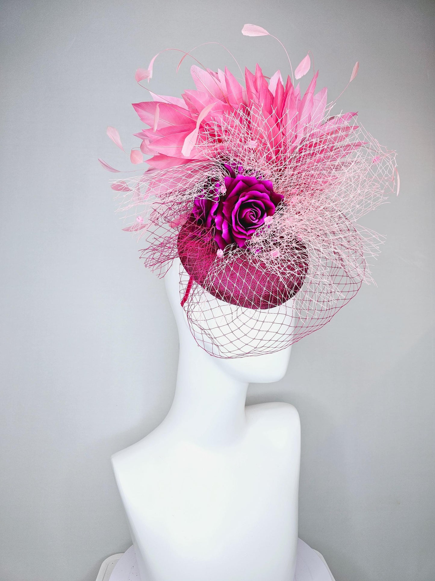 kentucky derby hat fascinator violet purple sinamay with pink feathers and purple satin rose flower with light pink and purple netting